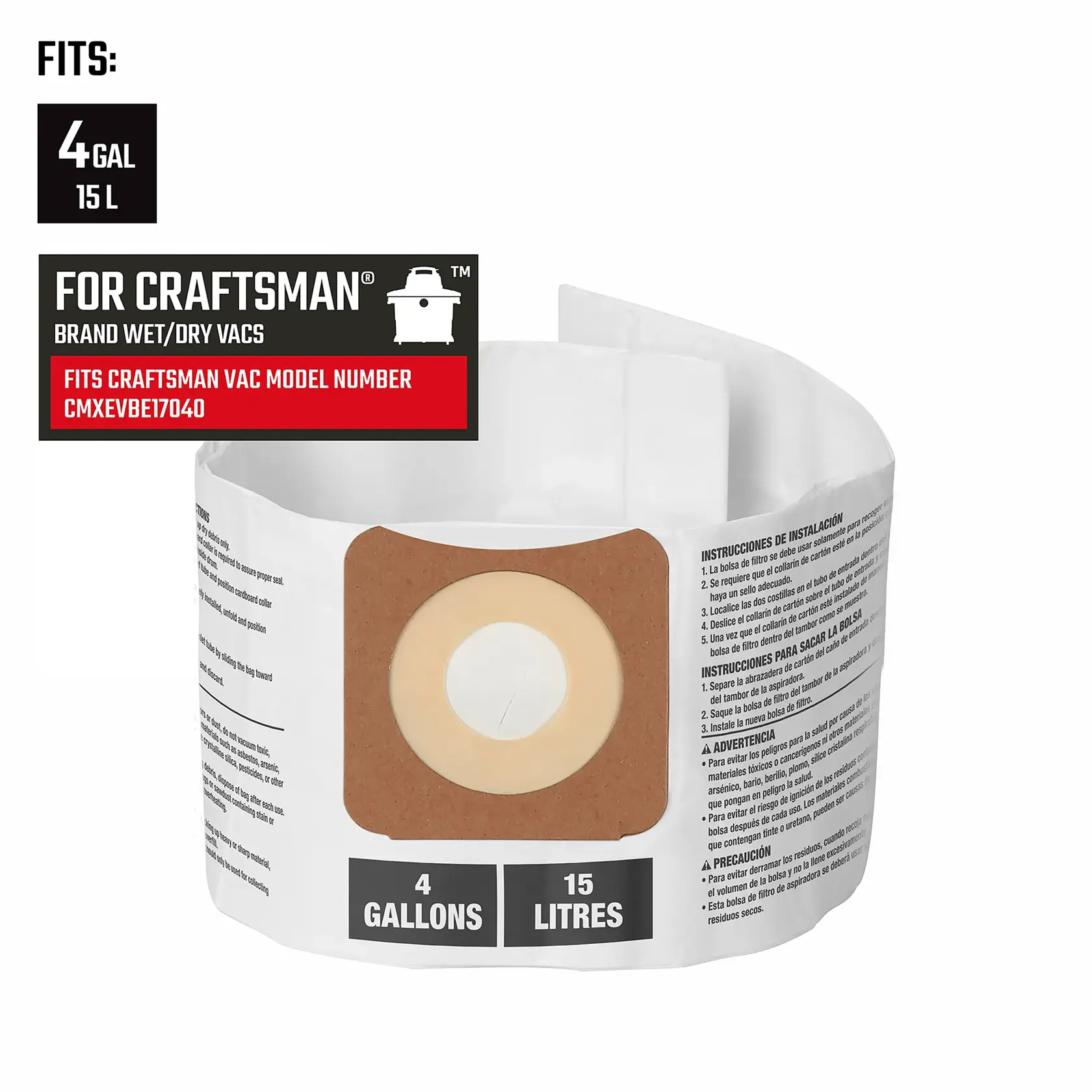 Front view of CRAFTSMAN Dust Bag illustrating compatibility with 4 Gallon Vac, CMXEVBE17040