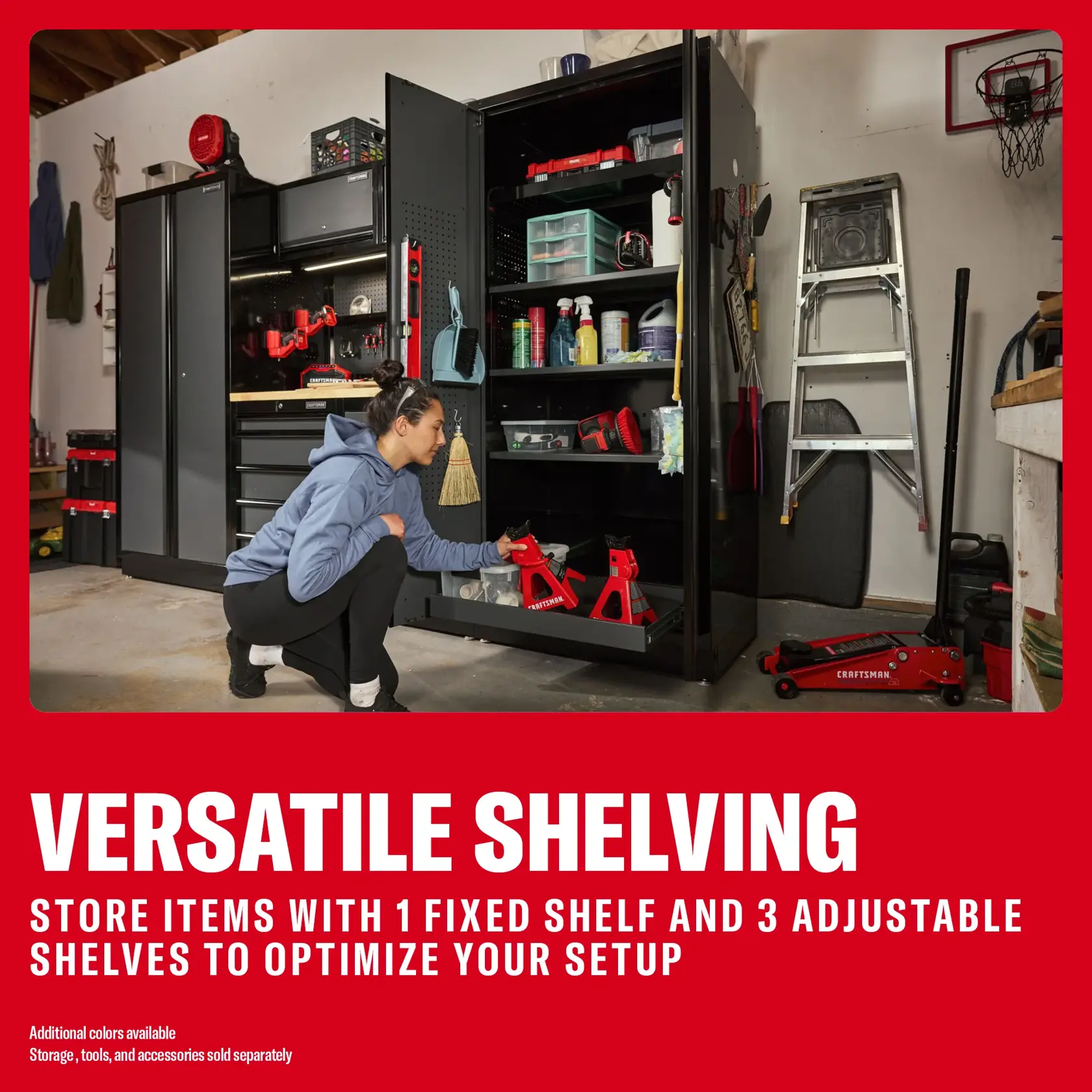 CRAFTSMAN shelving units, SKUs 0-29-808, CMST33680WG, CMST33680RB, CMST33680BG, in garage with adjustable shelves.