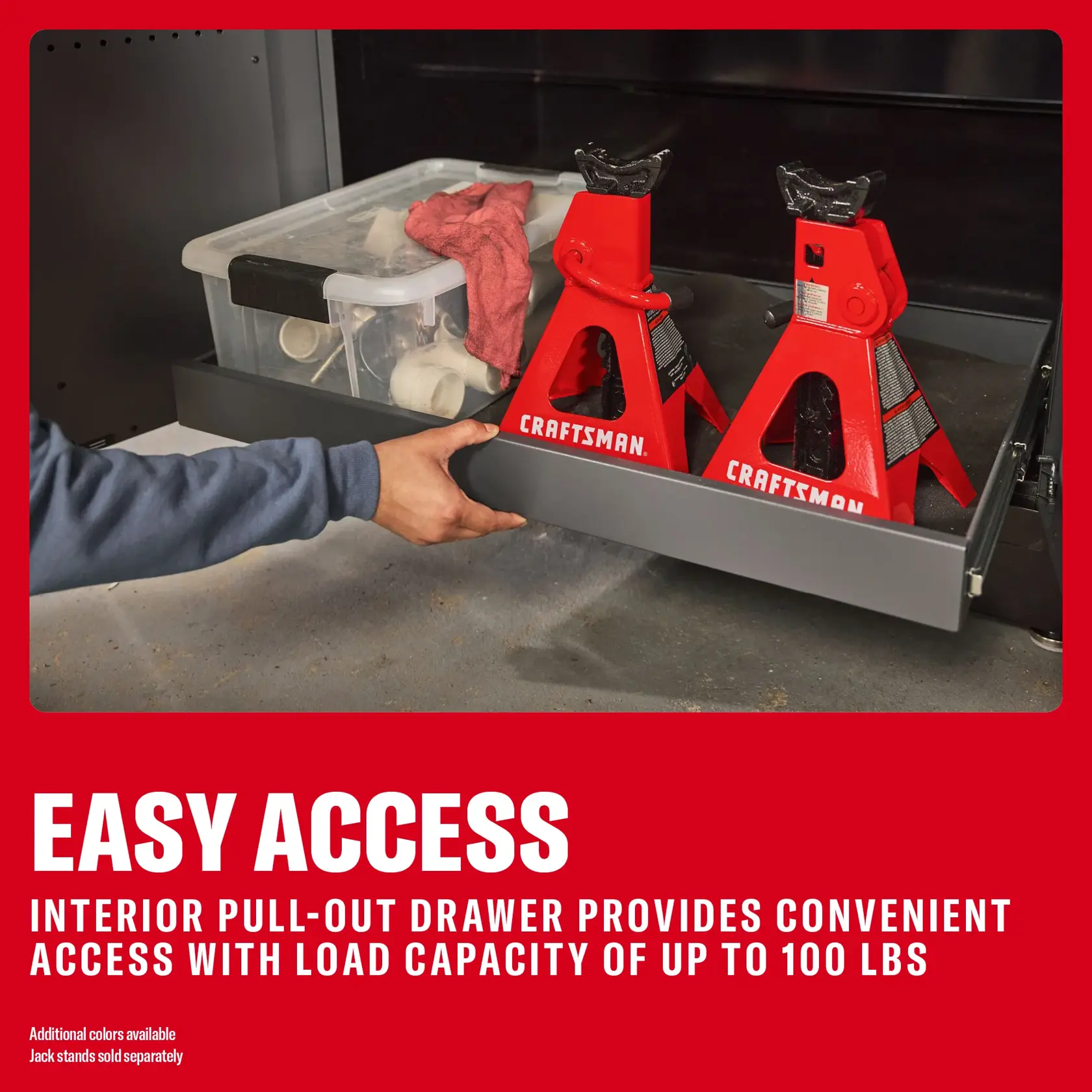 CRAFTSMAN pull-out drawer with jack stands; SKUs: 0-29-808, CMST33680WG, CMST33680RB, CMST33680BG.