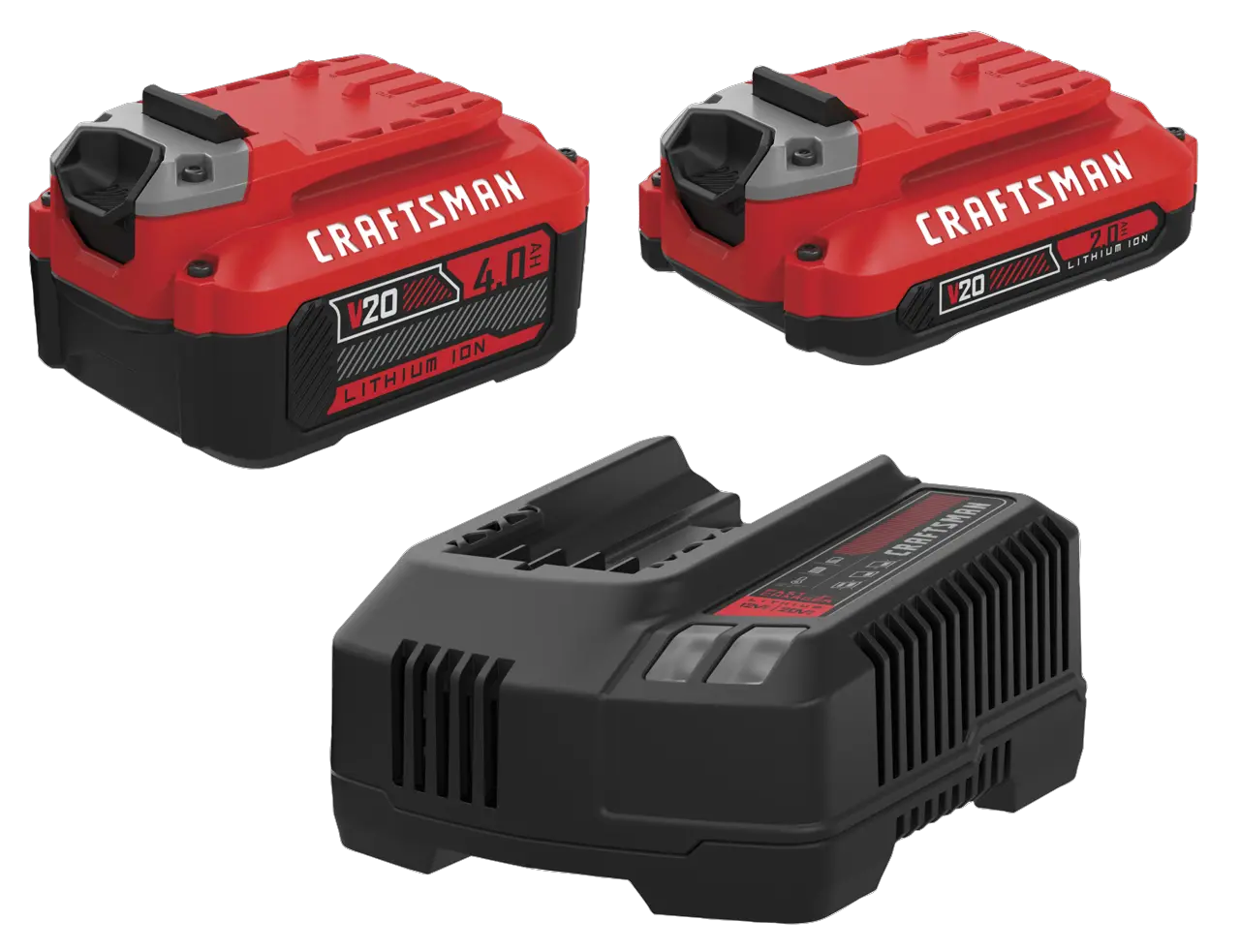  2 and 4 amp hour batteries with charger on a white background.