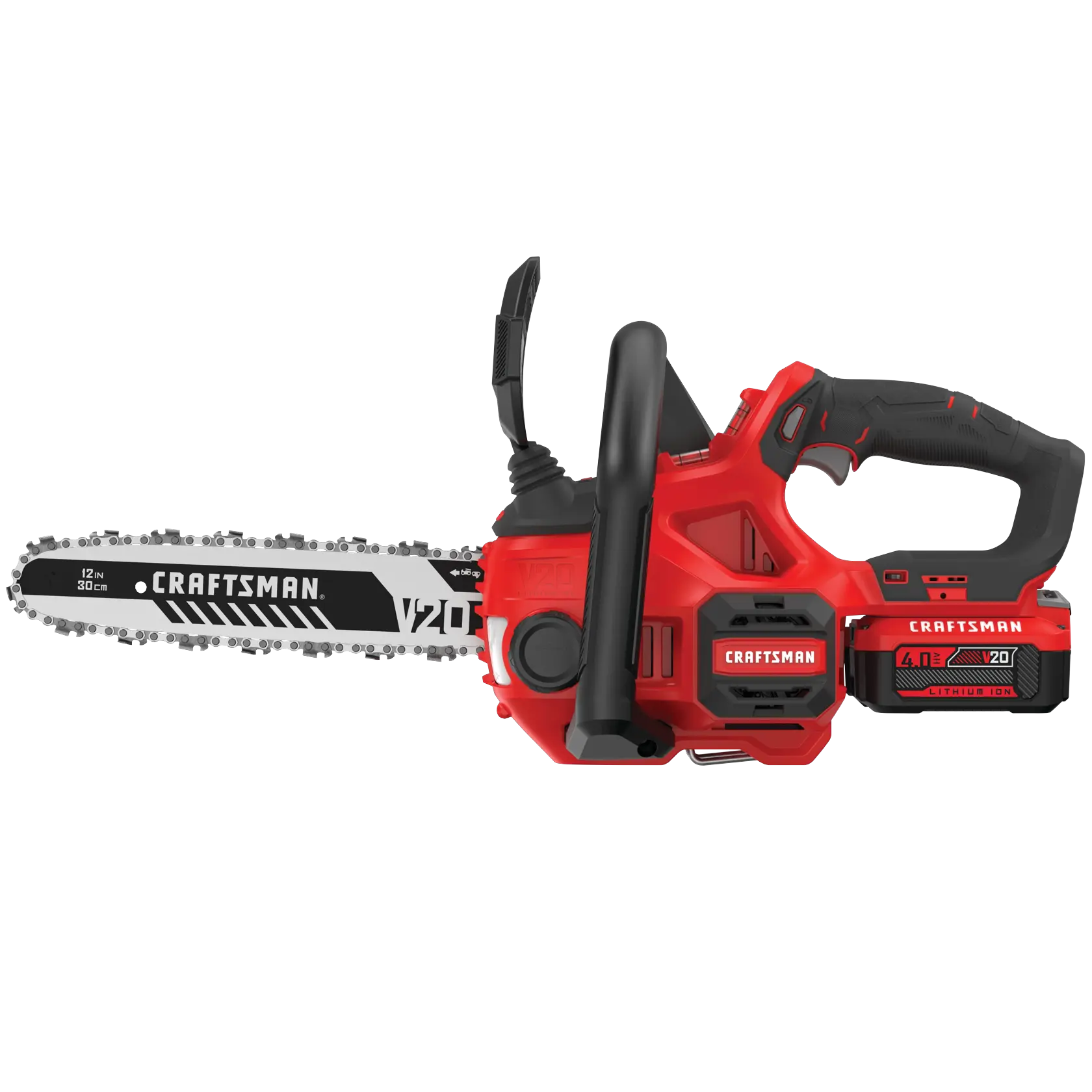 Right profile of 12 inch cordless compact chainsaw kit 4 amp hour.