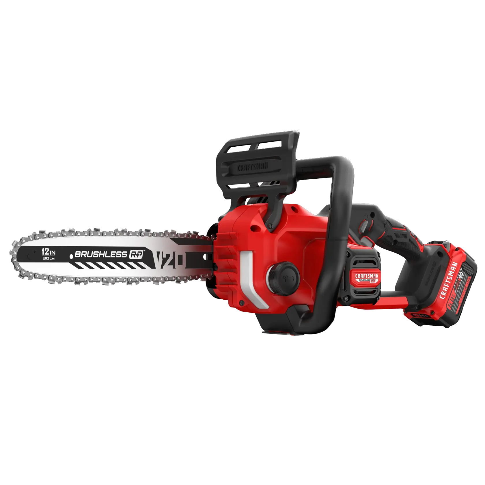 CRAFTSMAN Brushless Cordless Chainsaw kitted with 5Ah Battery side angled view