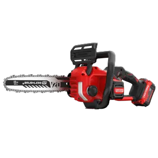 CRAFTSMAN Brushless Cordless Chainsaw kitted with 5Ah Battery side angled view