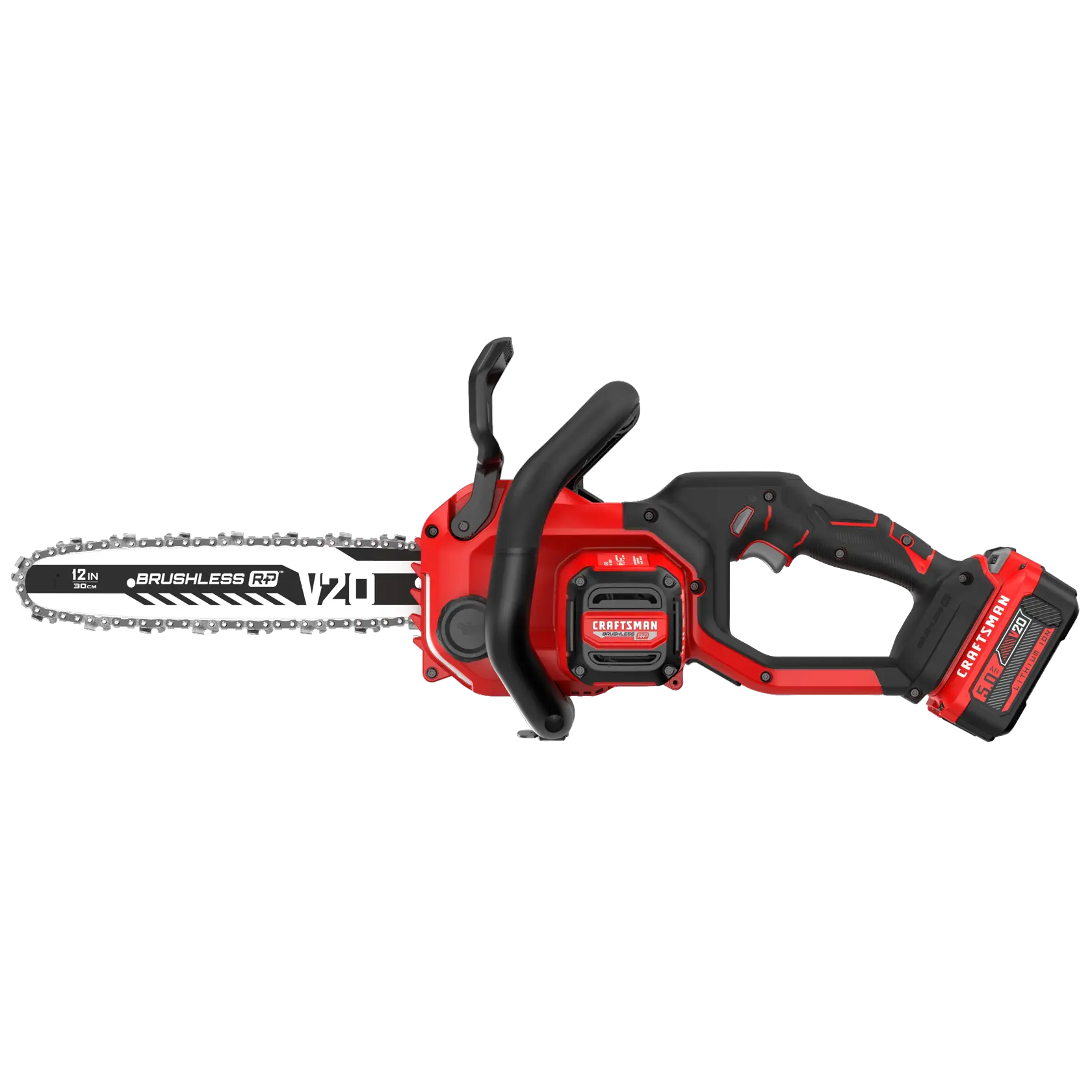 CRAFTSMAN Brushless Cordless Chainsaw kitted with 5Ah Battery side view