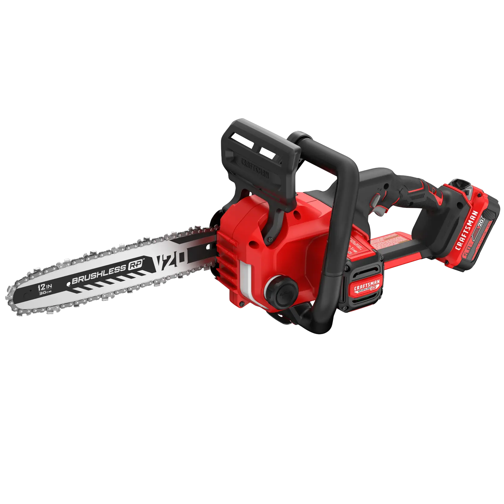 CRAFTSMAN Brushless Cordless Chainsaw kitted with 5Ah Battery front angled view