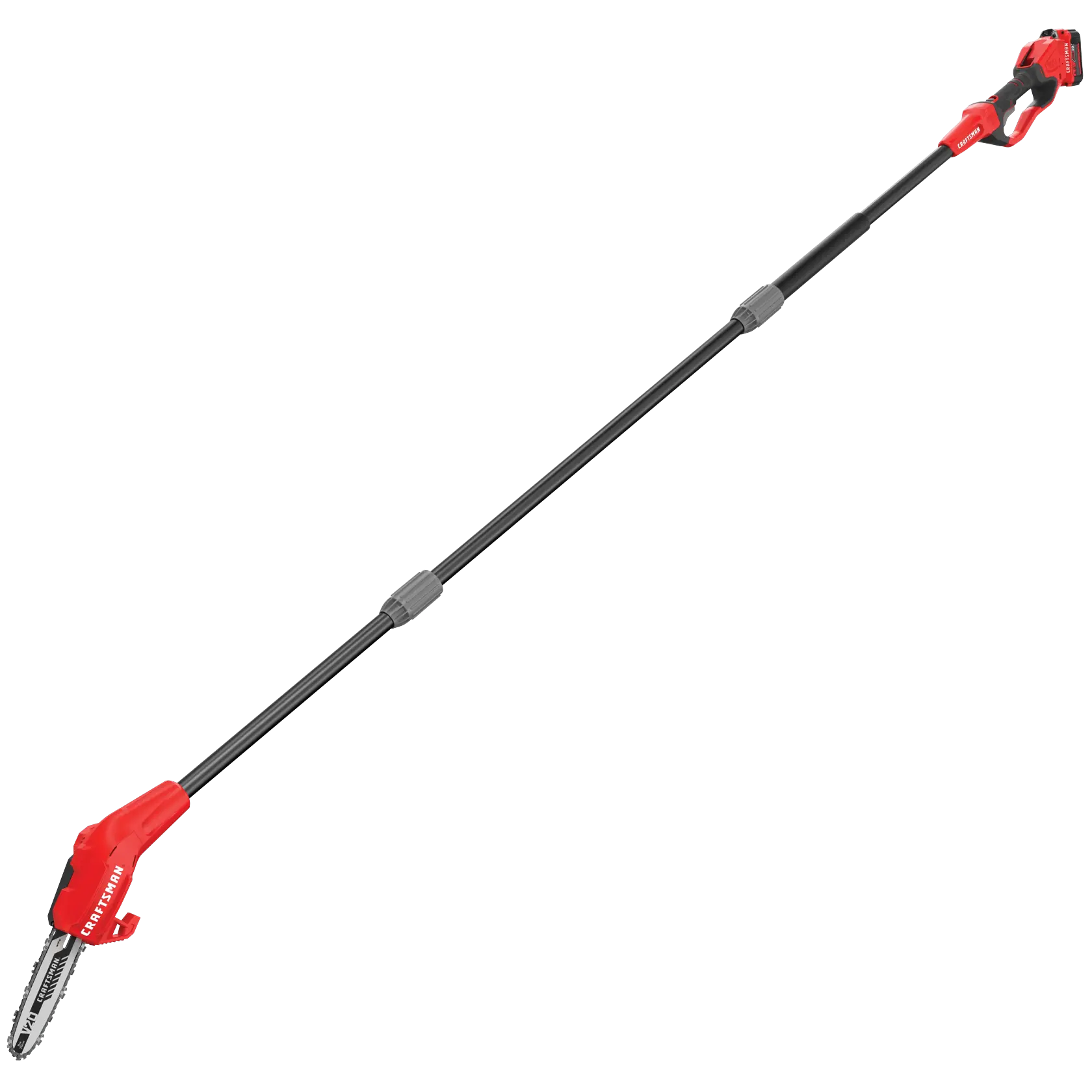Cordless pole chainsaw kit 4 amp hour with extension pole attached.