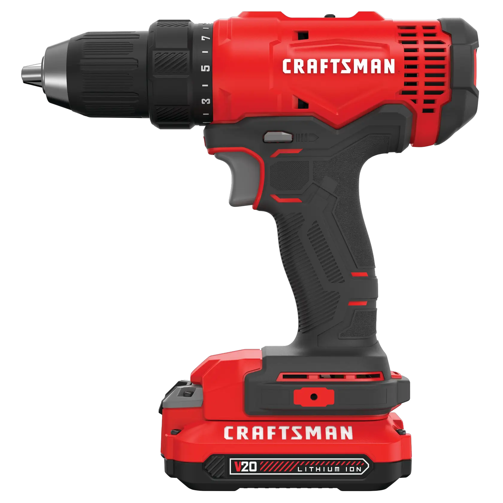 Right profile of half inch cordless drill and driver kit 2 batteries.