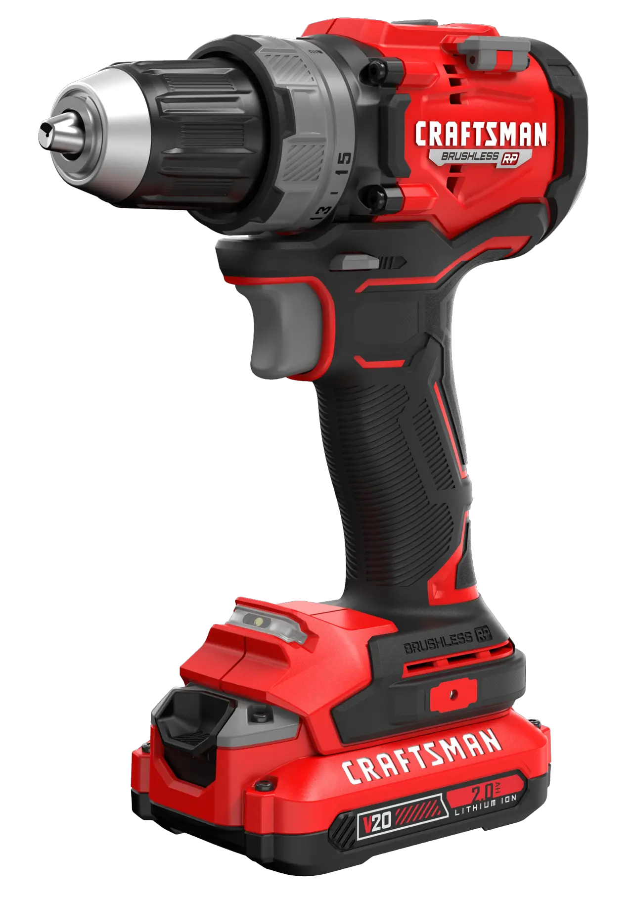 V20* Brushless RP Drill/Driver with a 2 amp hour battery on a white background