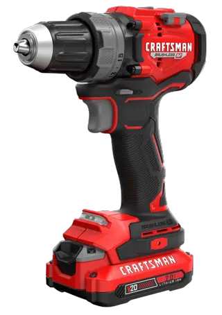 V20* Brushless RP Drill/Driver with a 2 amp hour battery on a white background