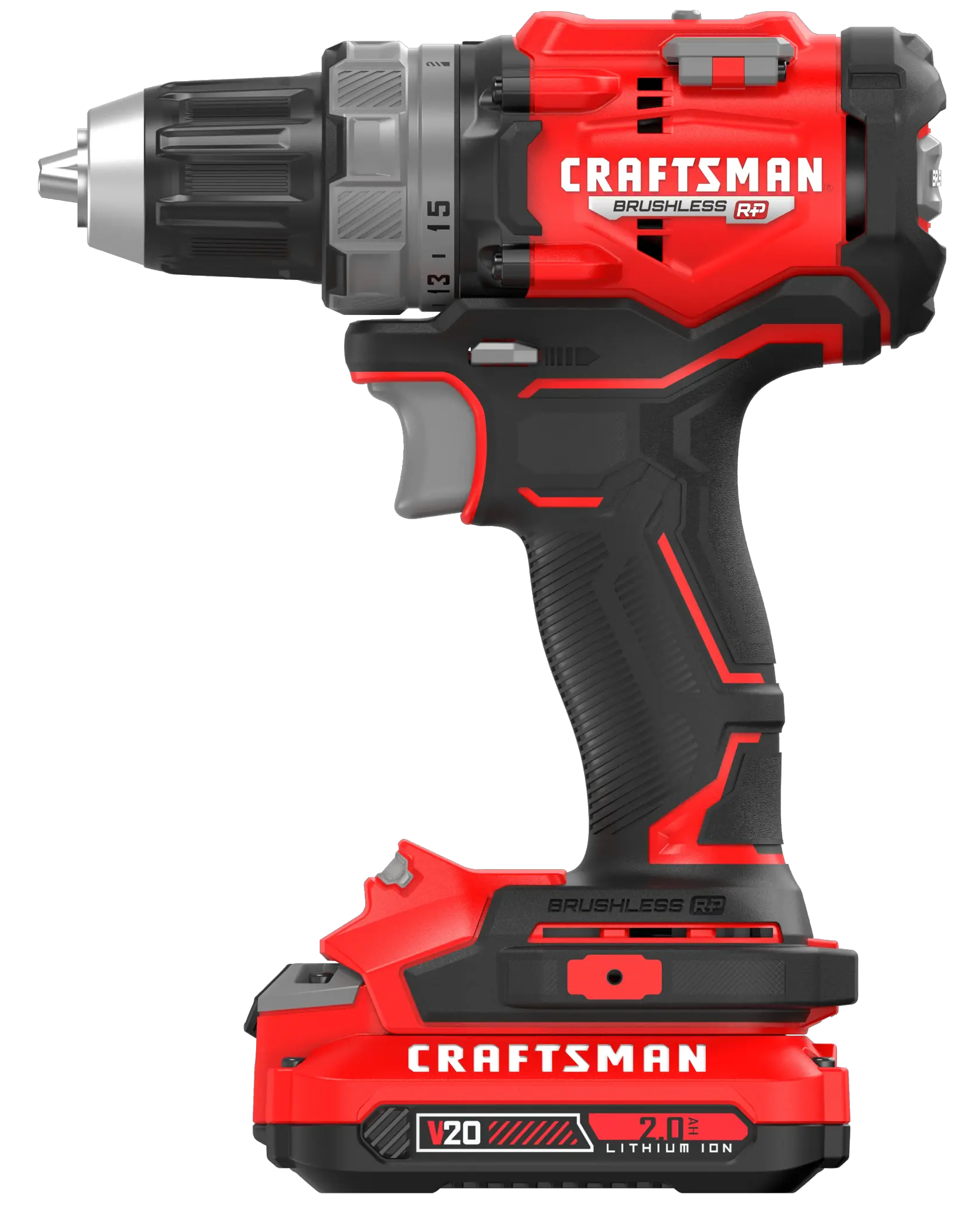 V20* Brushless RP Drill/Driver with a 2 amp hour battery on a white background