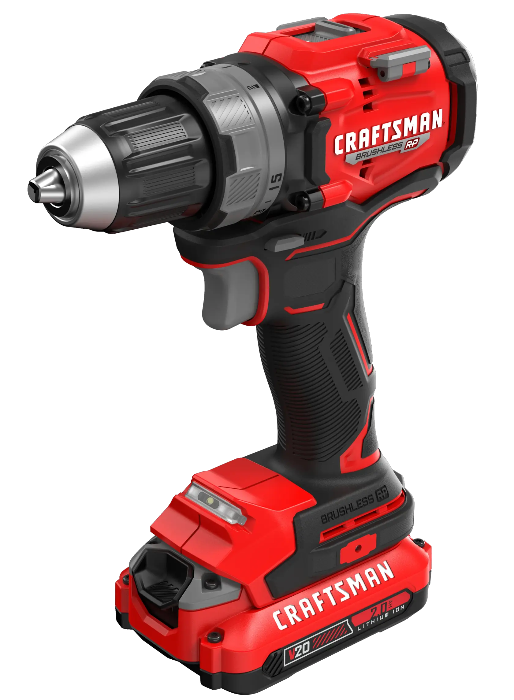 V20* Brushless RP Drill/Driver with a 2 amp hour battery on a white background