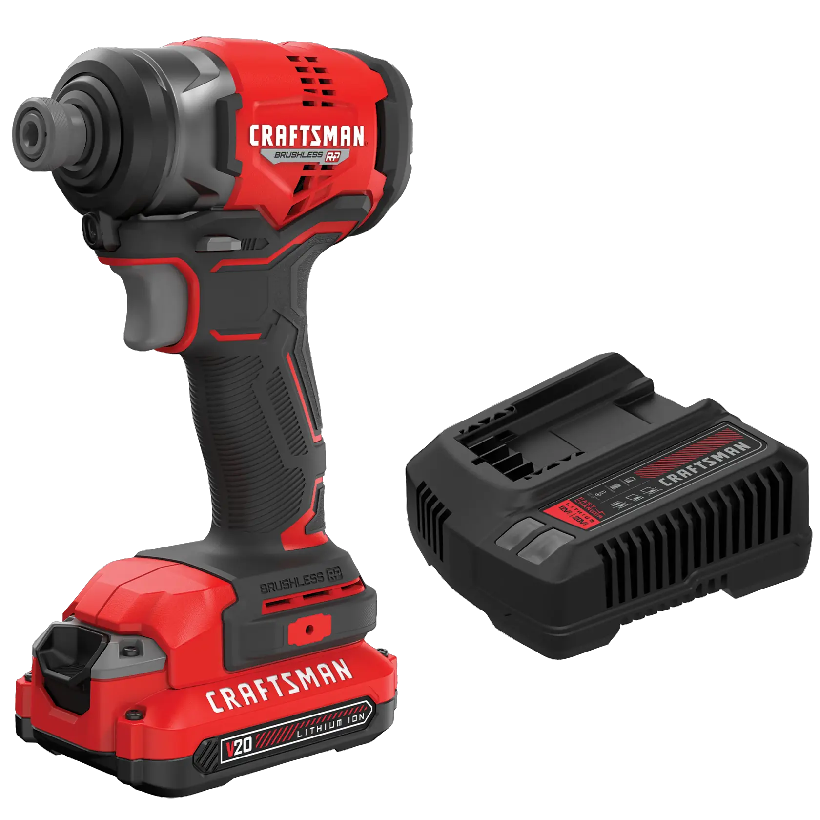 V20 BRUSHLESS RP Impact Driver with battery and charger on white background