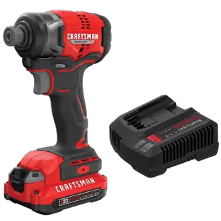 V20 BRUSHLESS RP Impact Driver with battery and charger on white background