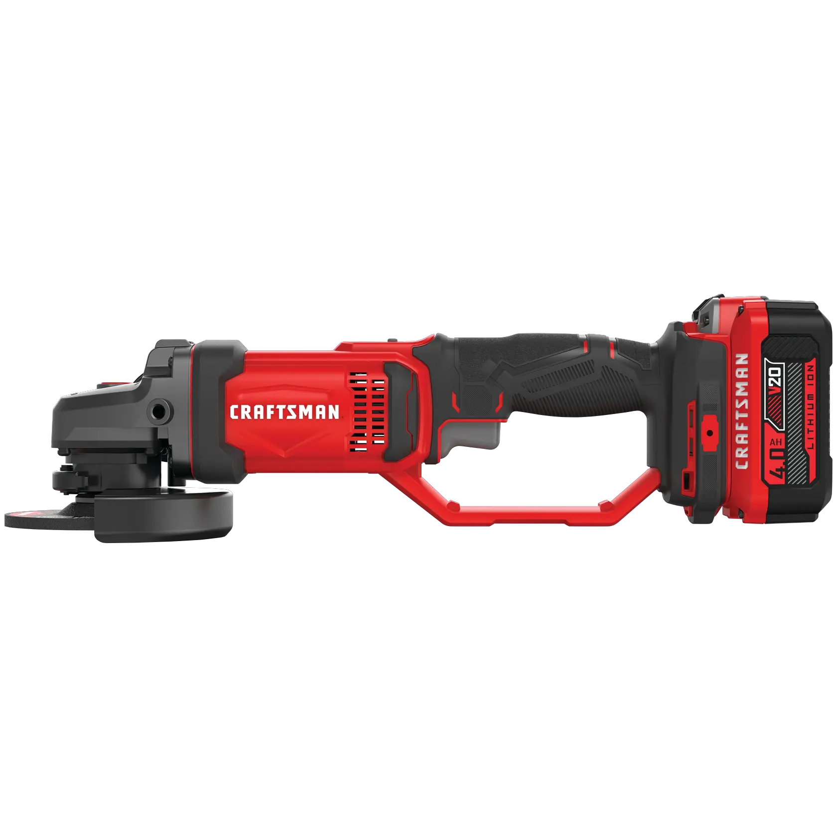 Right profile  view of cordless 4 and half inch small angle grinder kit 1 battery.