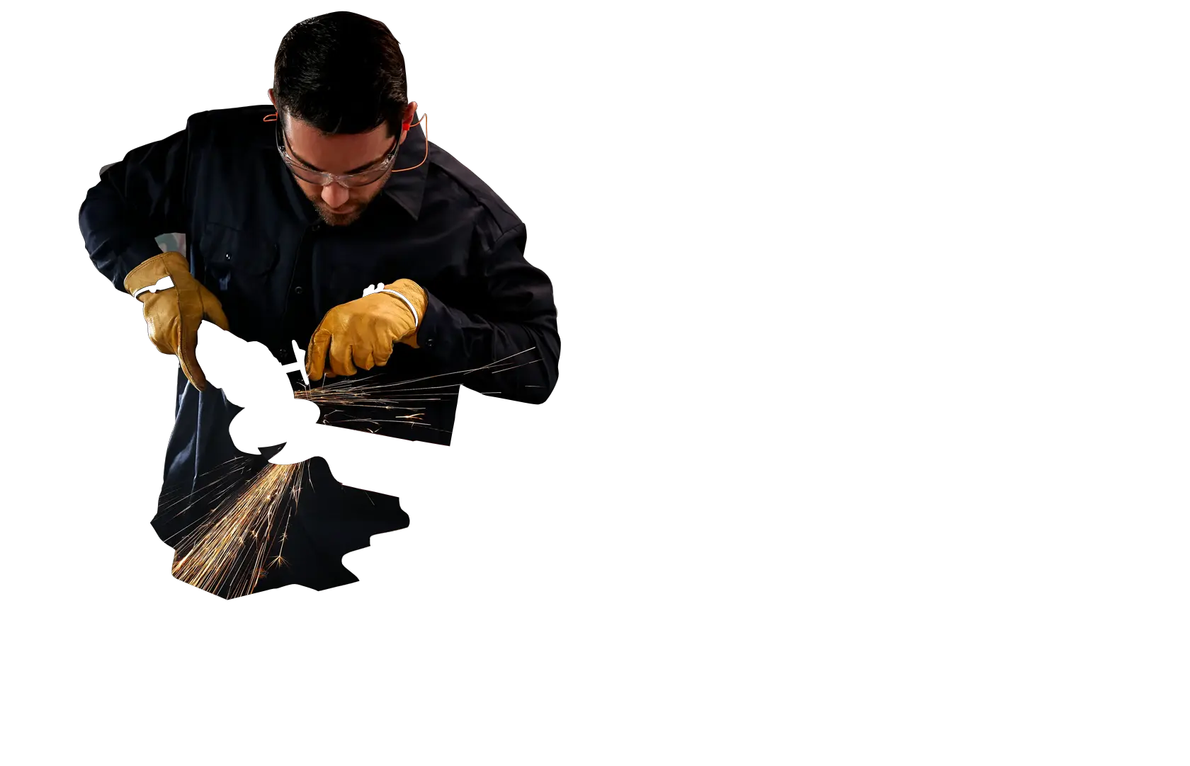 Cordless 4 and half inch small angle grinder kit 1 battery being used to cut hard material by person.