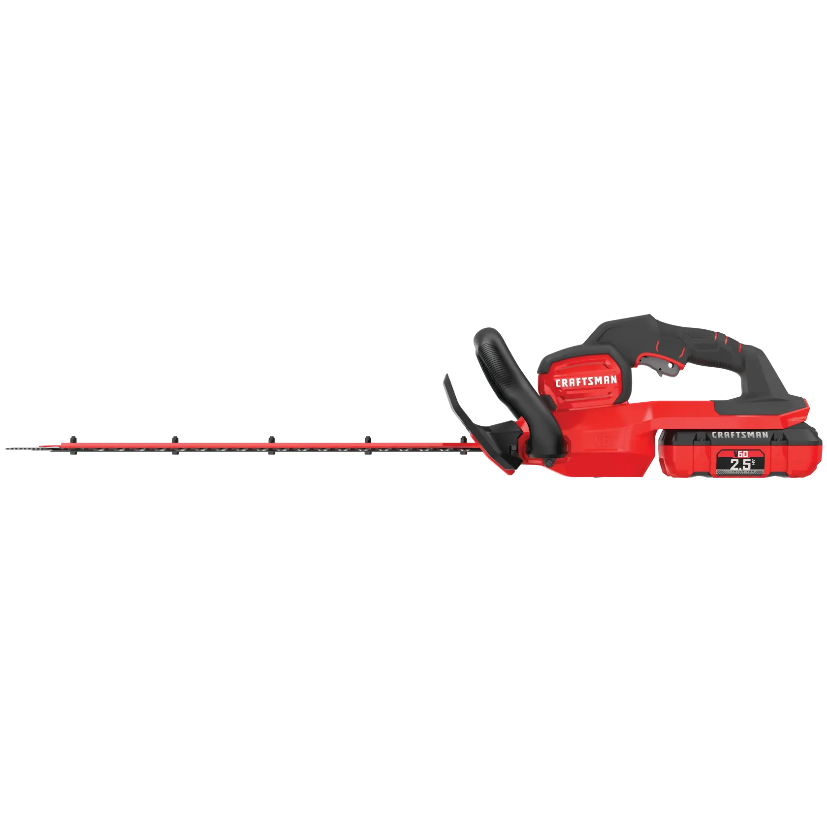 Left profile of cordless 24 inch hedge trimmer kit 2.5 Ampere hours.