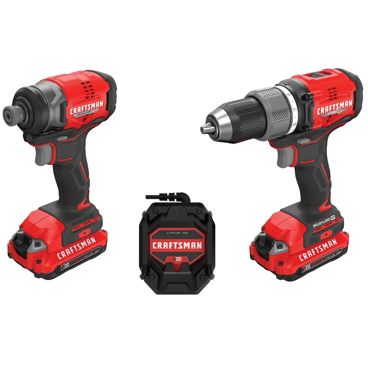 V20  Brushless RP drill driver/ impact driver combo kit on white background