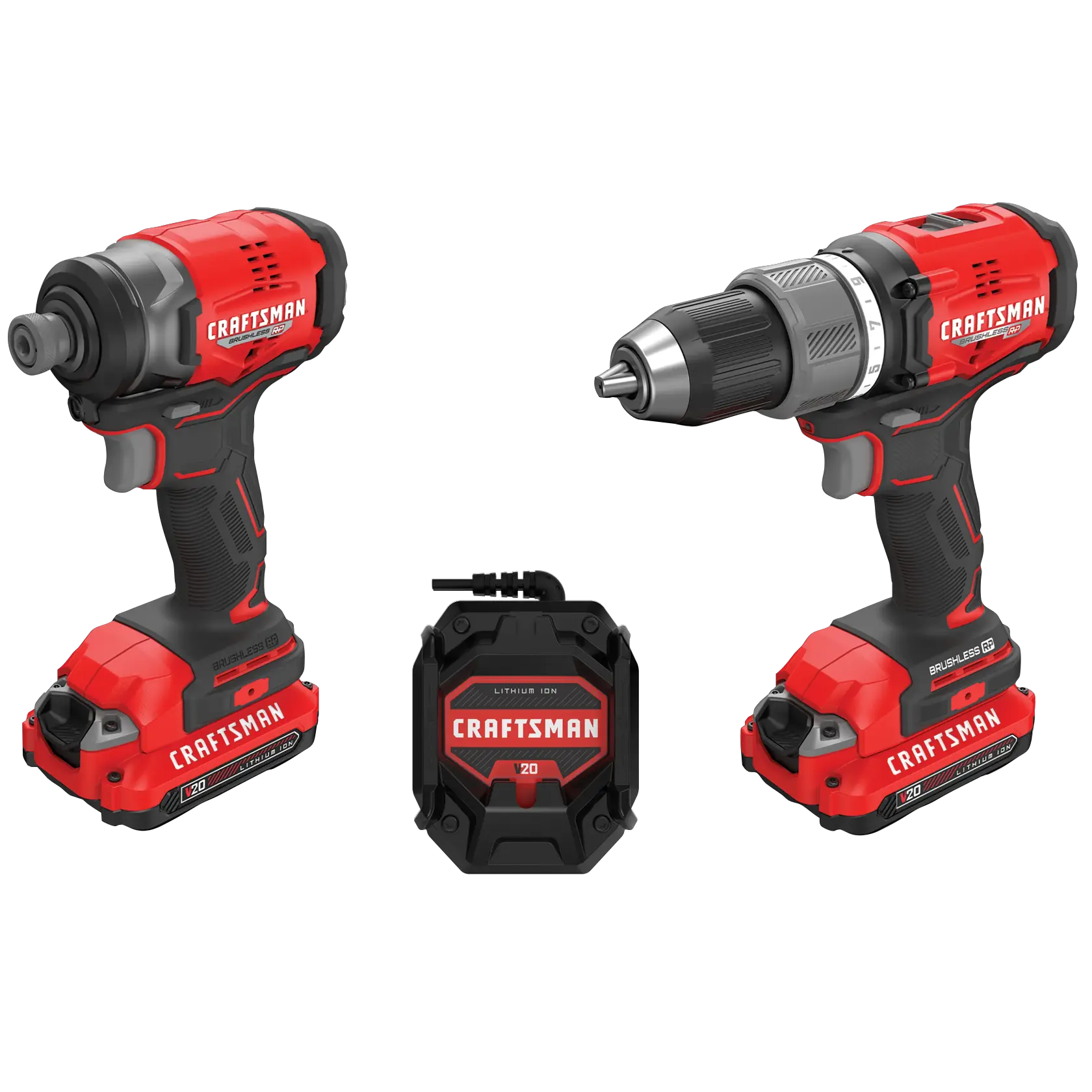 V20  Brushless RP drill driver/ impact driver combo kit on white background