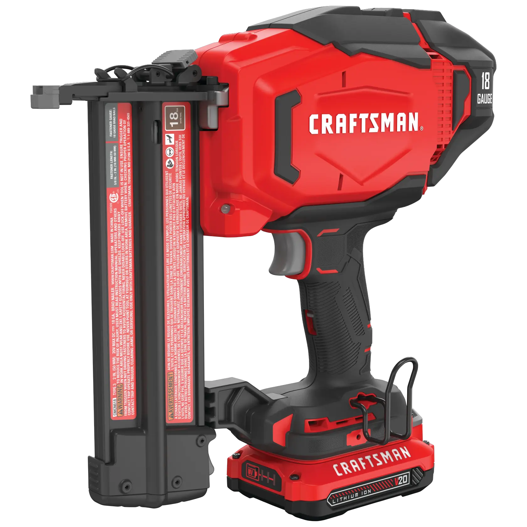Close up of 20 volt 18 gauge cordless brad nailer kit.