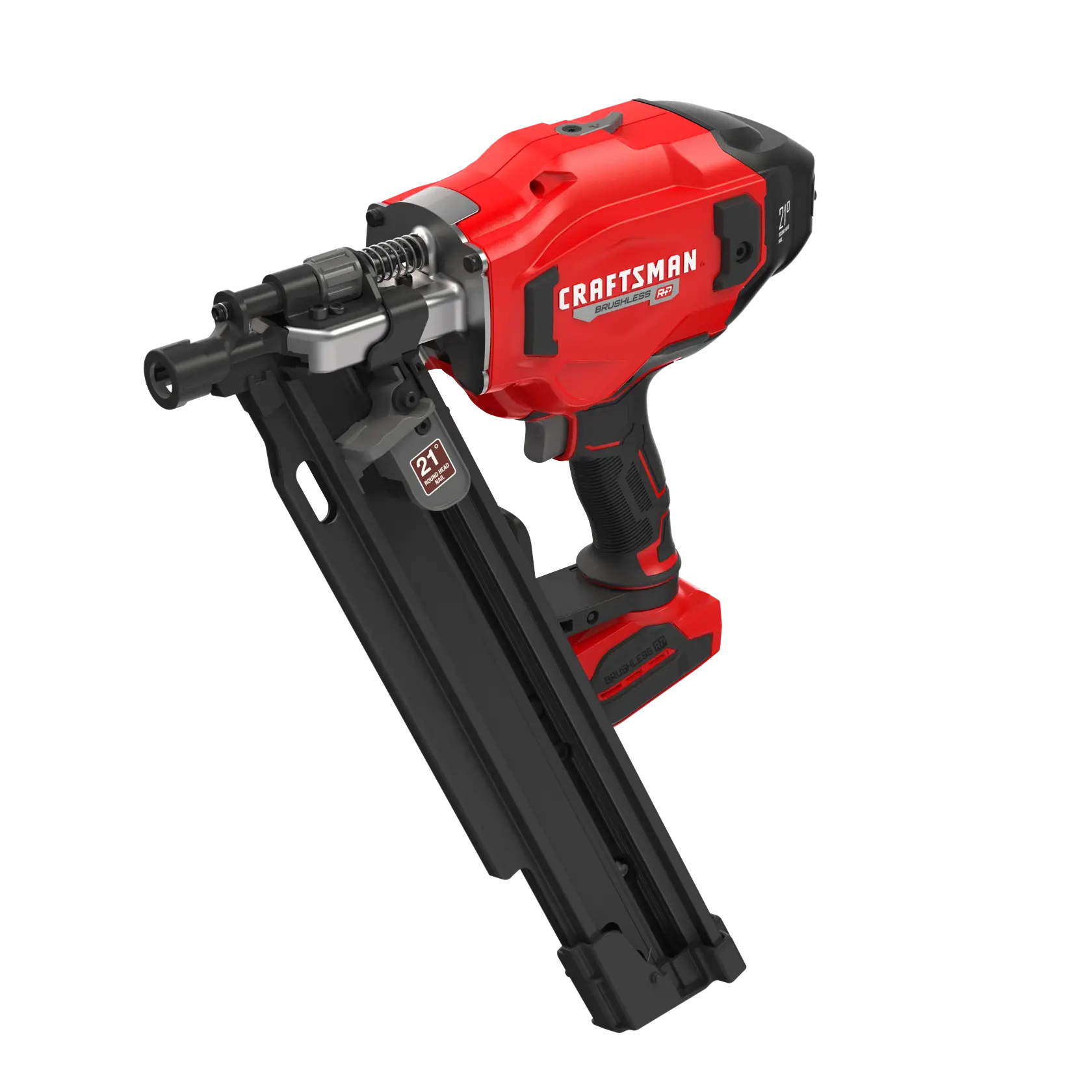 Left profile of 20 volt brushless cordless 21 degree plastic collated framing nailer.
