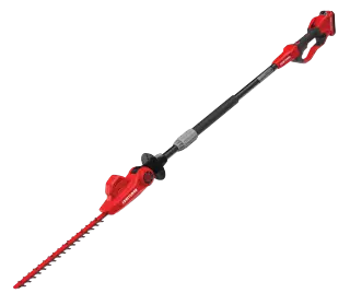 Close up of 20 volt 18 inch cordless pole hedge trimmer kit.