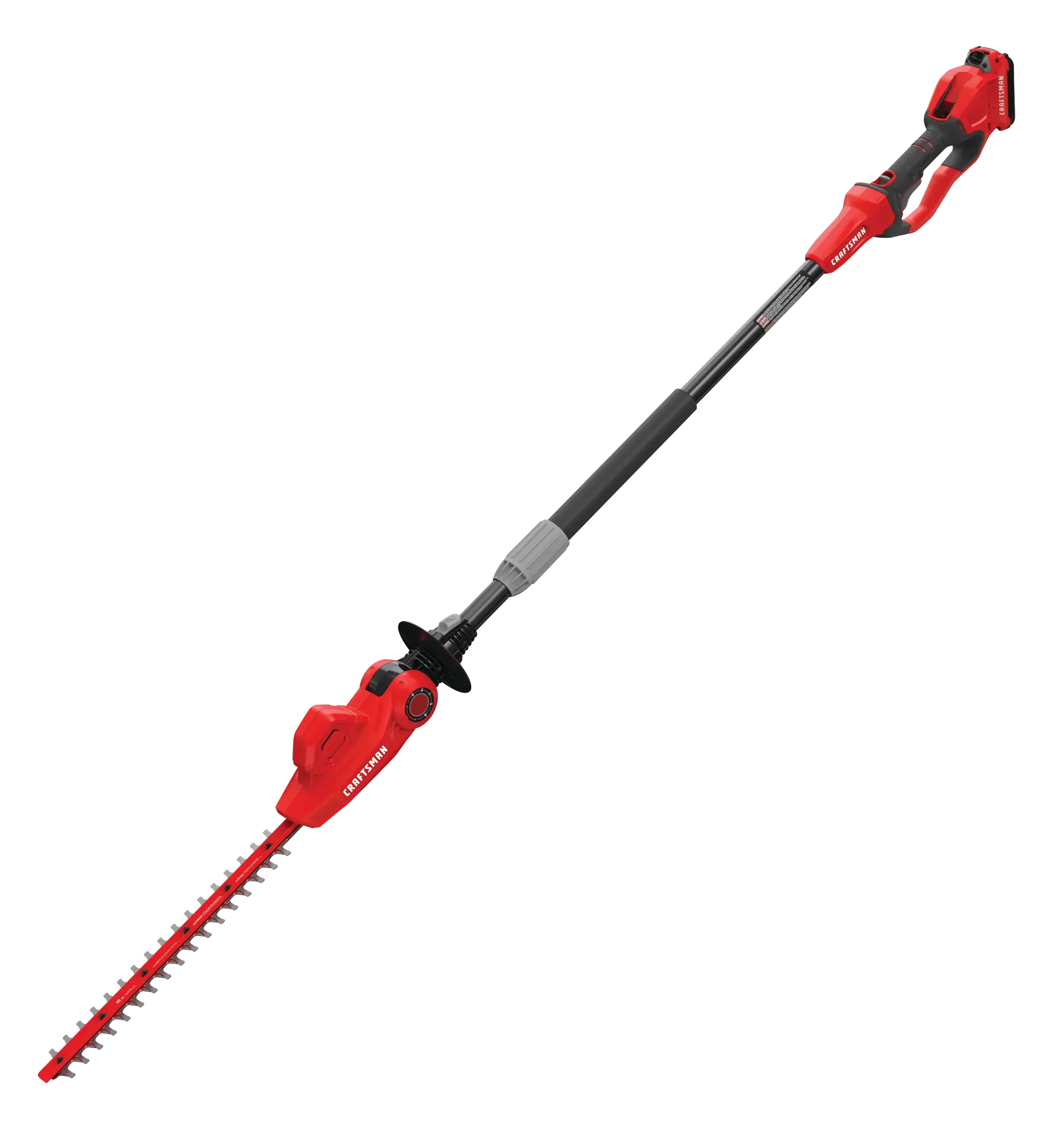 Left profile of 20 volt 18 inch cordless pole hedge trimmer kit.