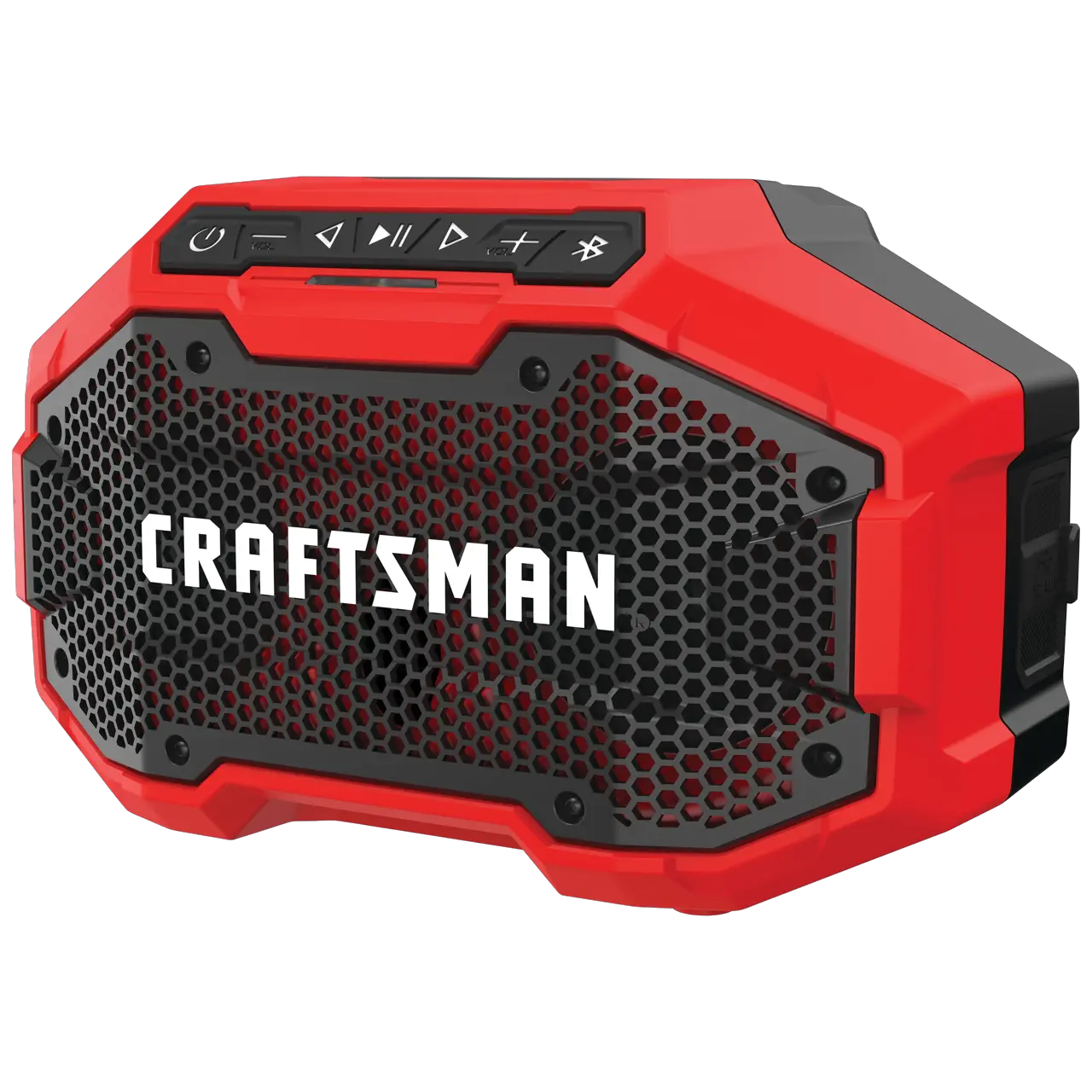Close up of 20 volt cordless bluetooth speaker.
