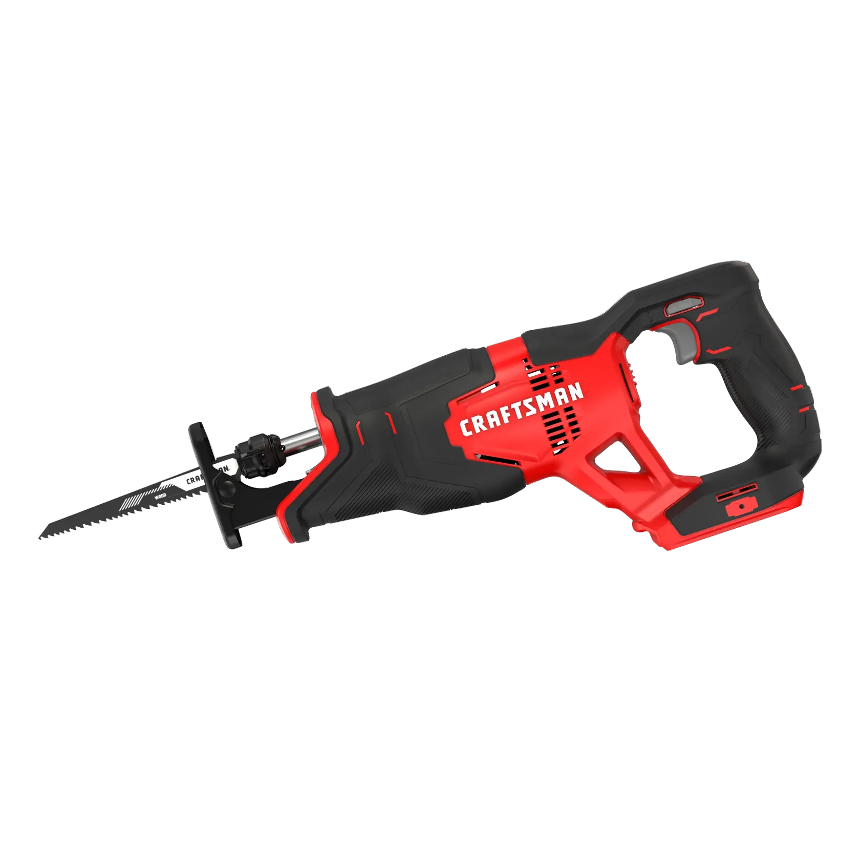 Left profile of 20 volt cordless reciprocating saw.
