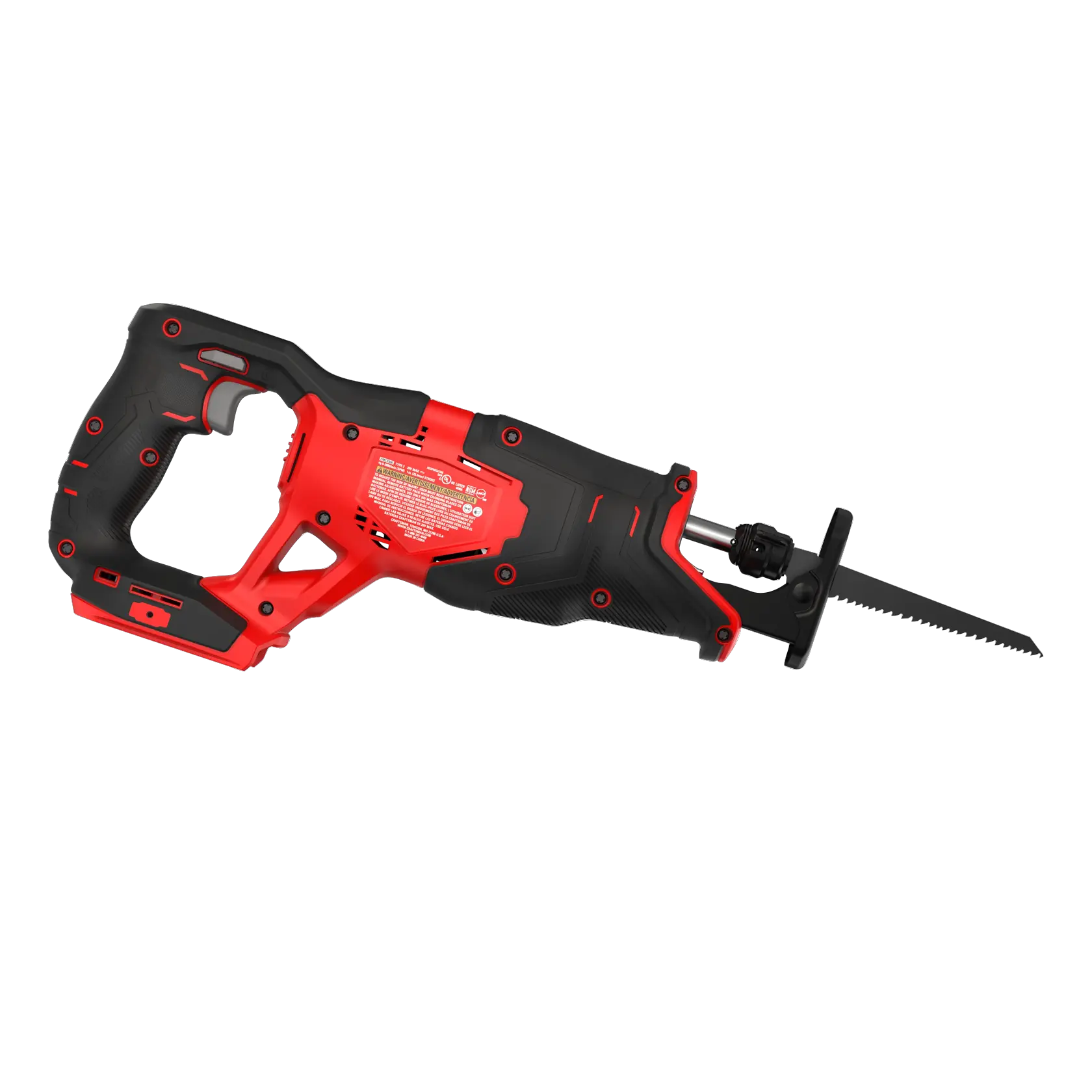 Close up of 20 volt cordless reciprocating saw.