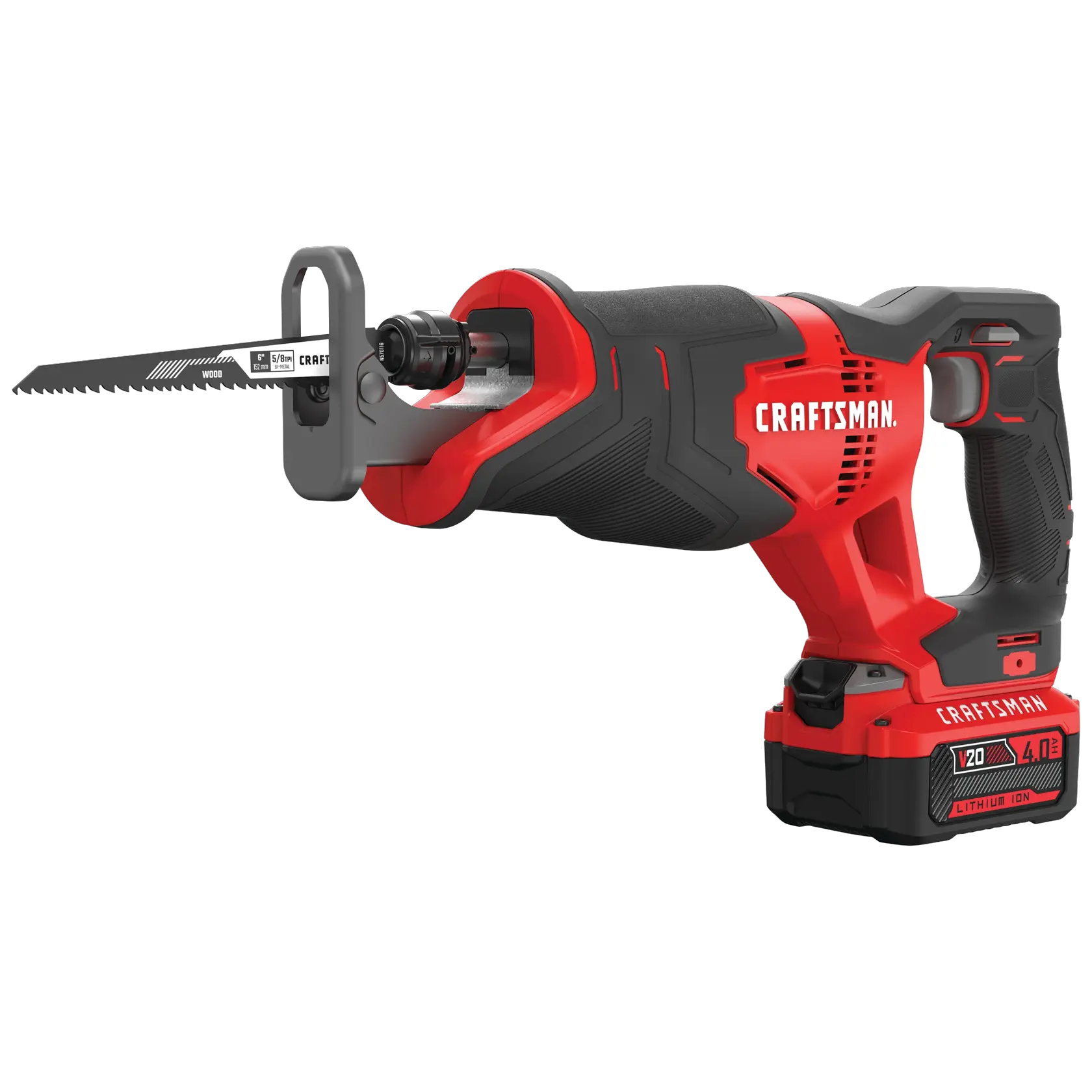 Left profile of 20 volt cordless reciprocating saw kit.