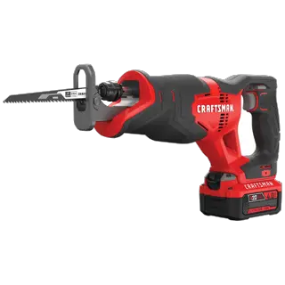 Left profile of 20 volt cordless reciprocating saw kit.