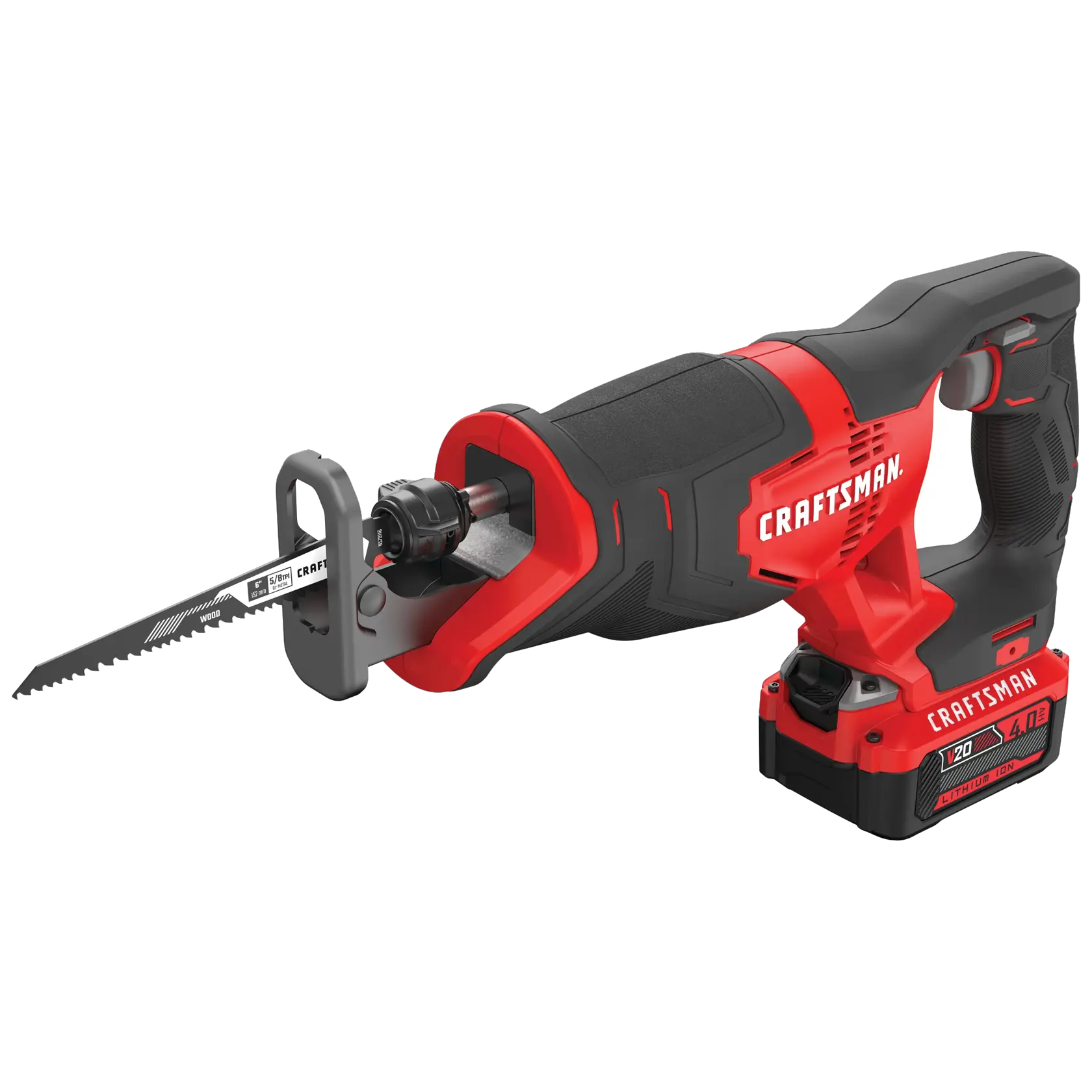 Left profile of 20 volt cordless reciprocating saw kit.