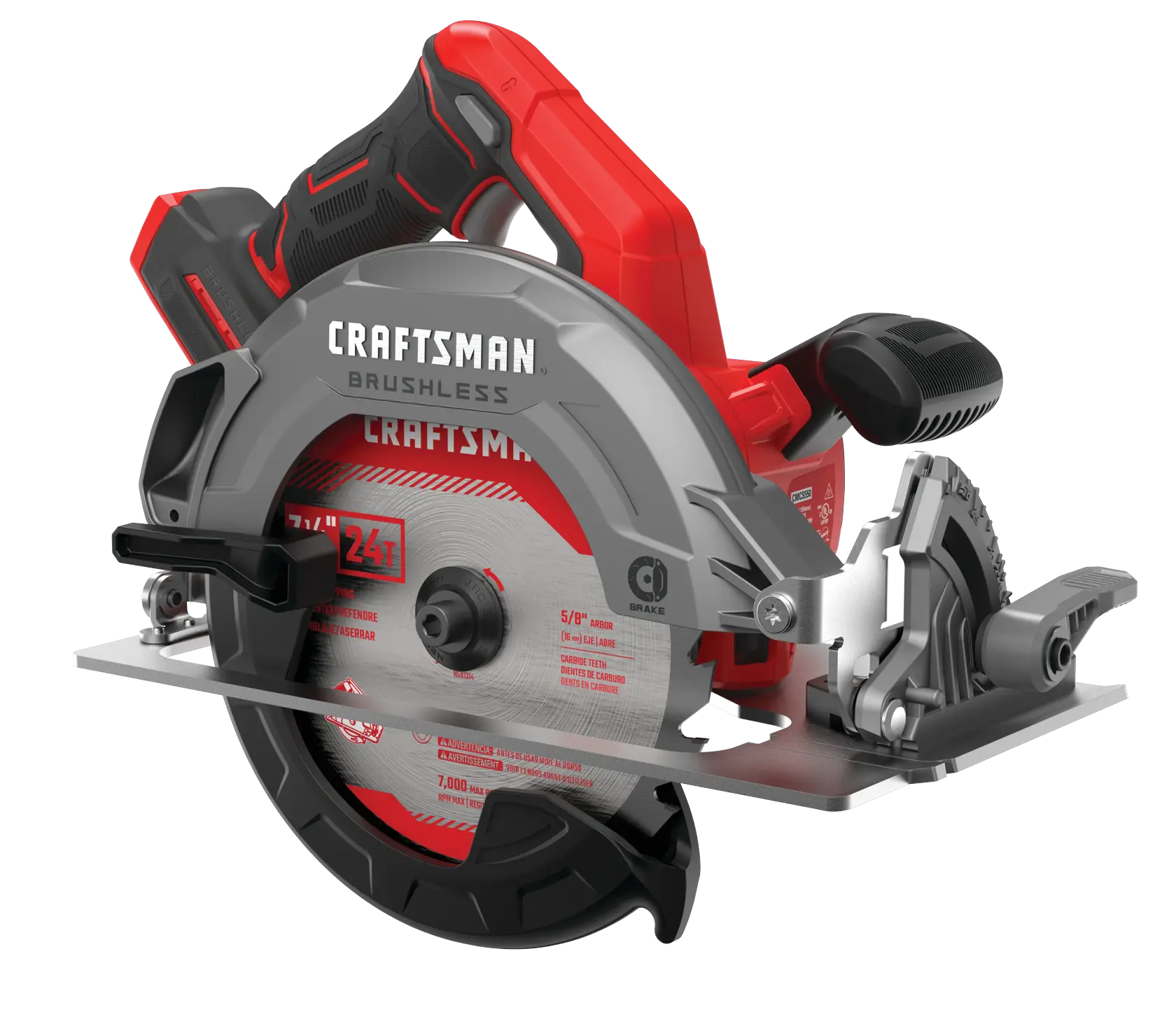 Right profile of 20 volt 7 1 quarter inch brushless cordless circular saw.