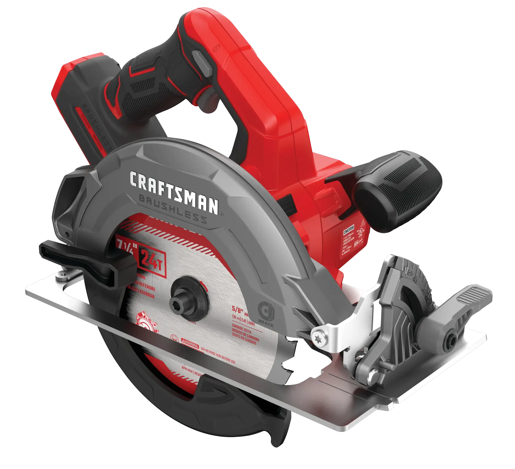 Close up of 20 volt 7 1 quarter inch brushless cordless circular saw.