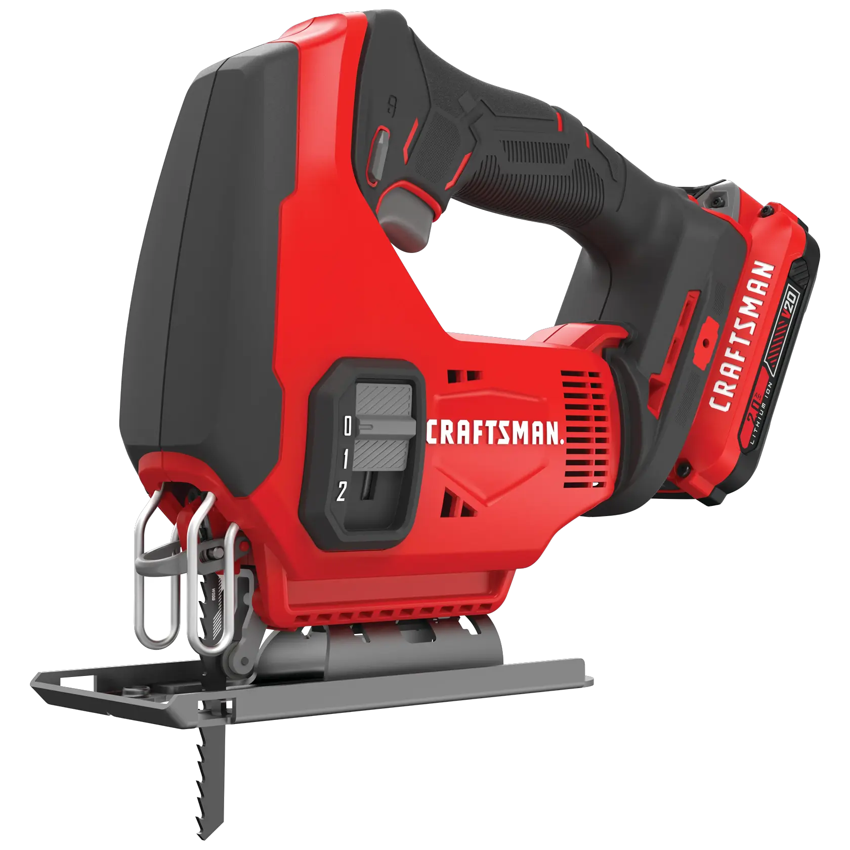 Close up of 20 volt cordless jig saw kit.