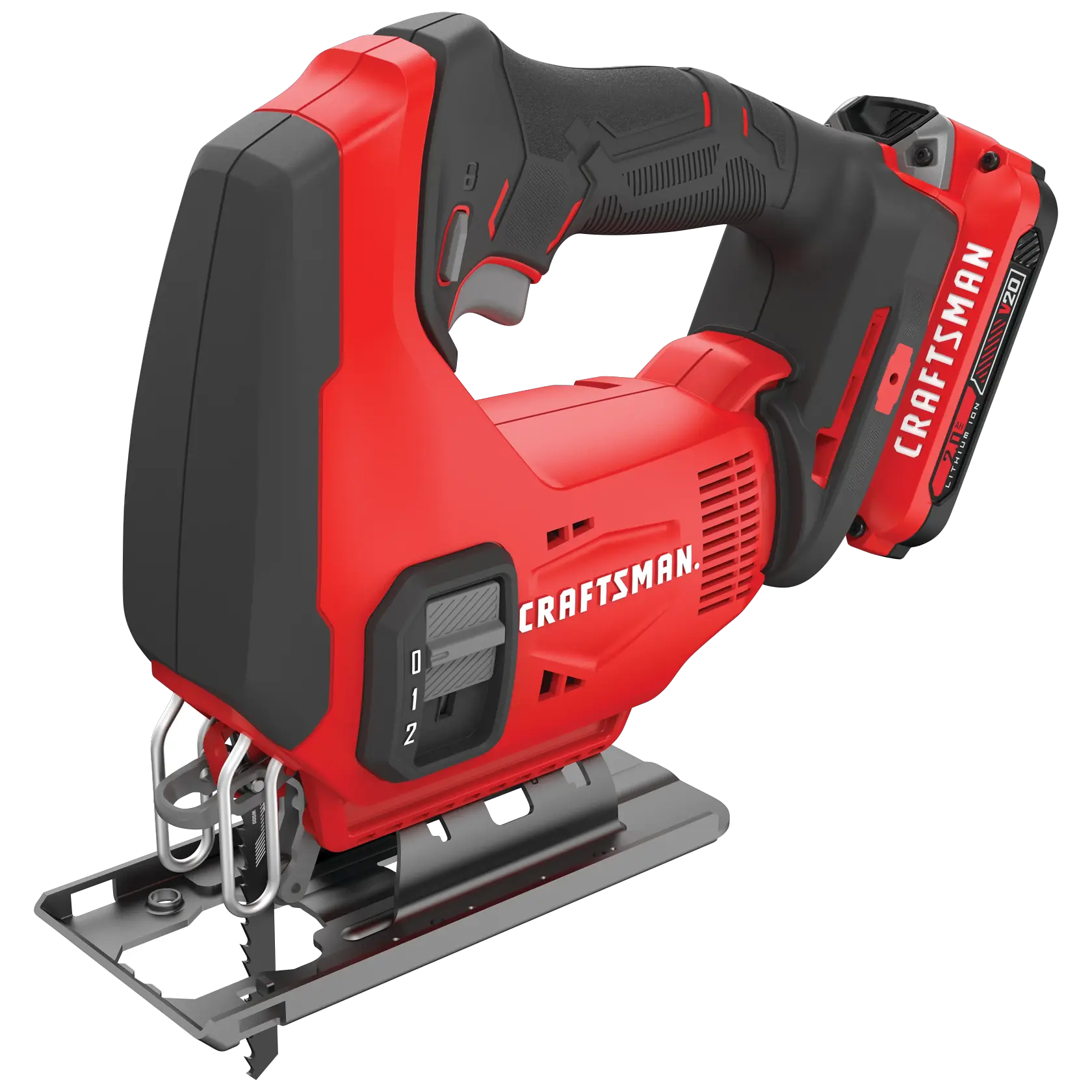 Left profile of 20 volt cordless jig saw kit.