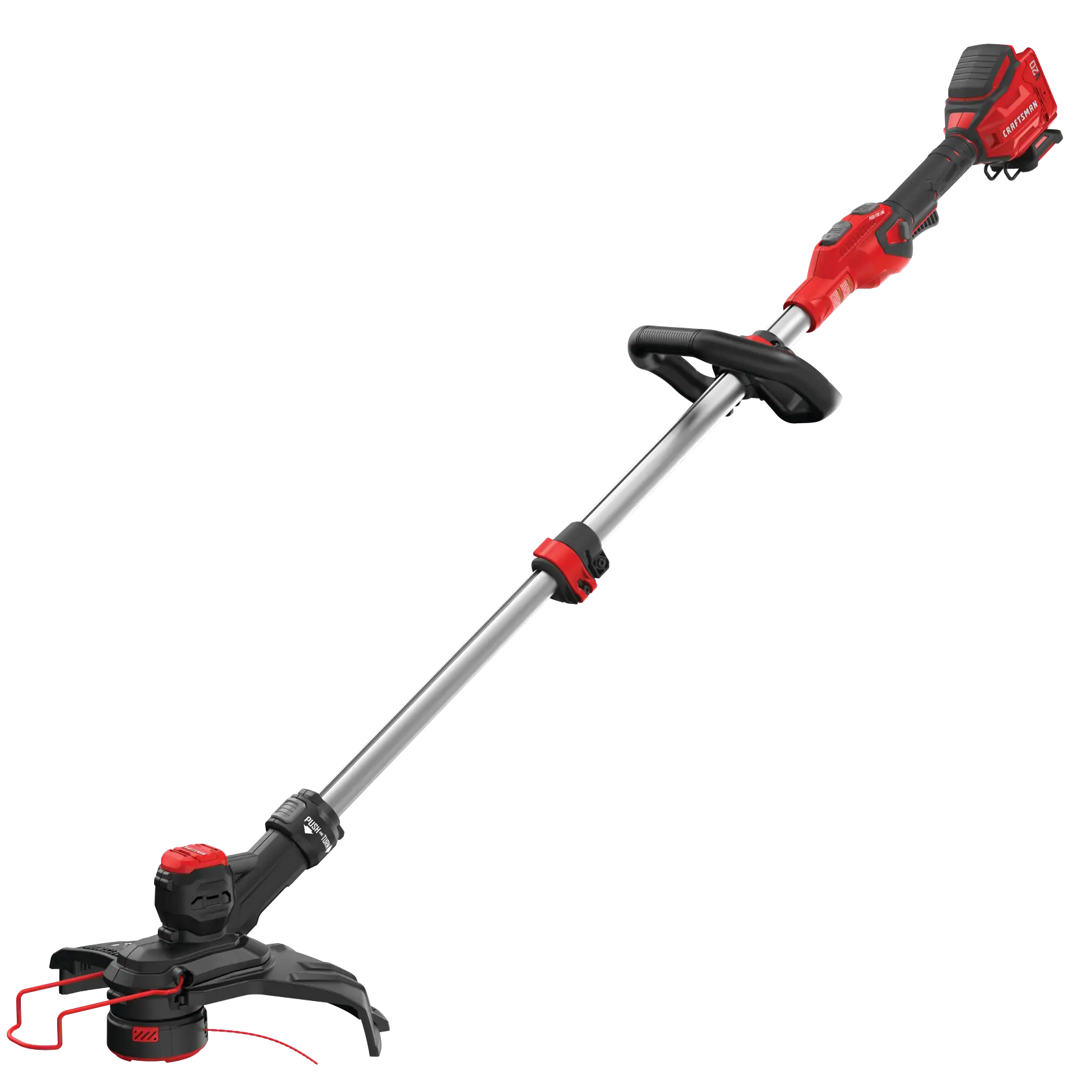 Left profile of 20 volt cordless 13 inch weedwacker string trimmer edger with push button feed.
