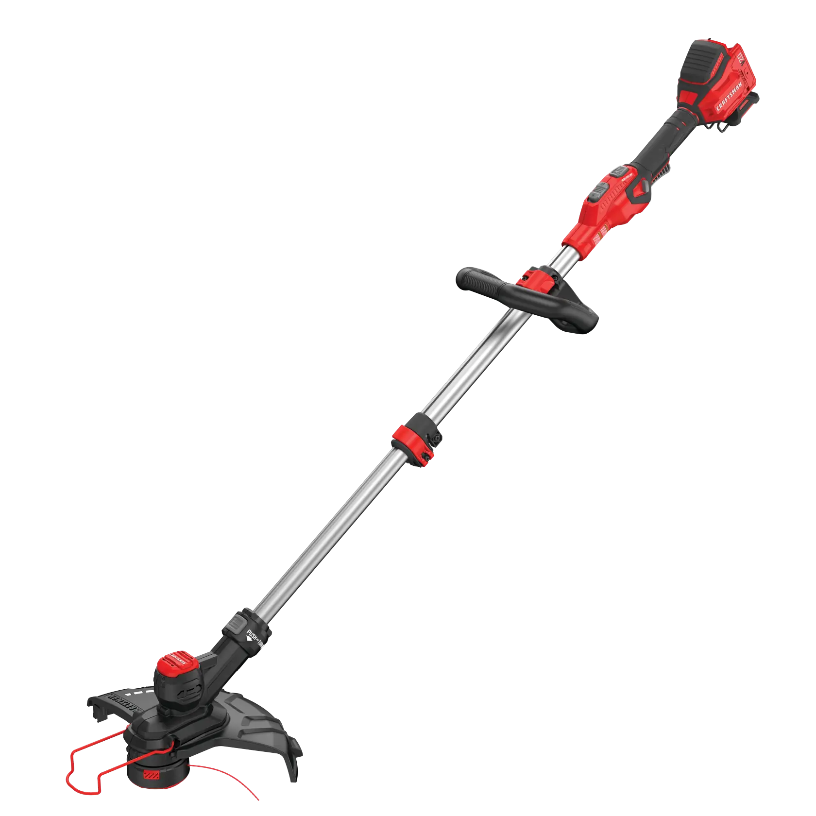 Close up of 20 volt cordless 13 inch weedwacker string trimmer edger with push button feed.