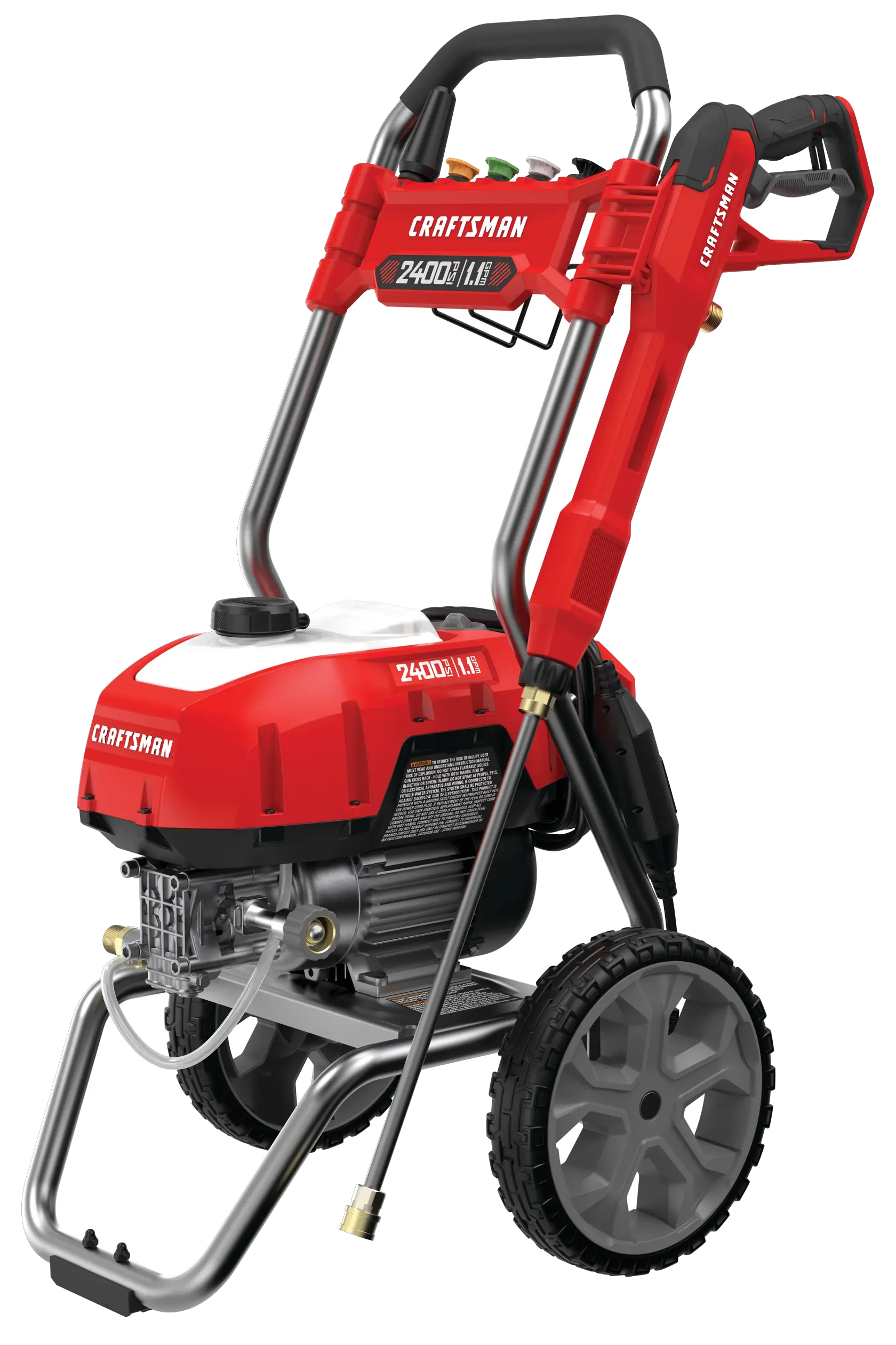 Profile of 2400 pound per square inch electric cold water pressure washer.
