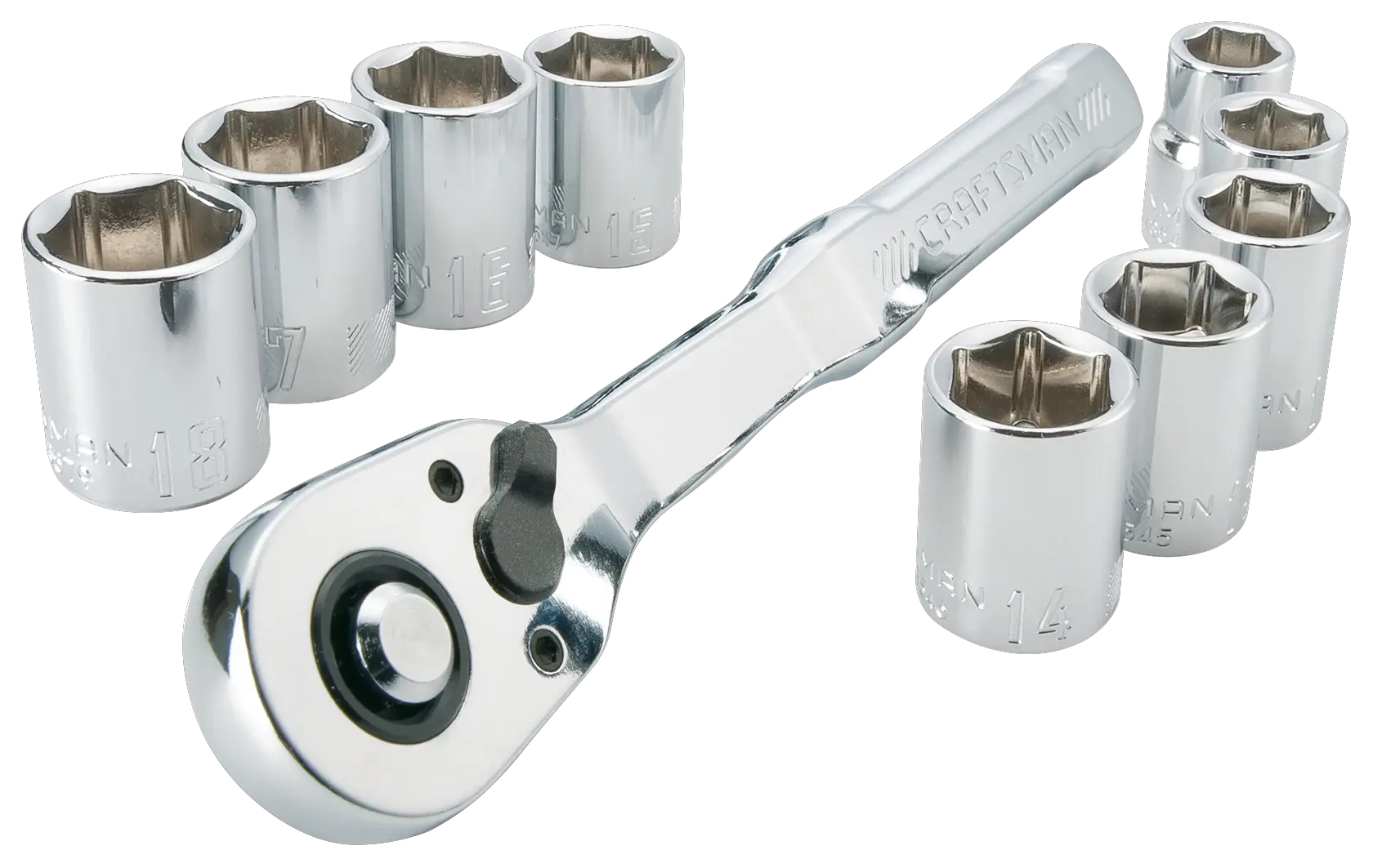 CRAFTSMAN 10 Piece 3/8 inch Metric Mechanics Tool Set Laid Out on White Background