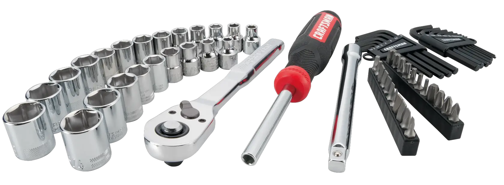 CRAFTSMAN 63 Piece Mechanics Tool Set Laid Out on White Background