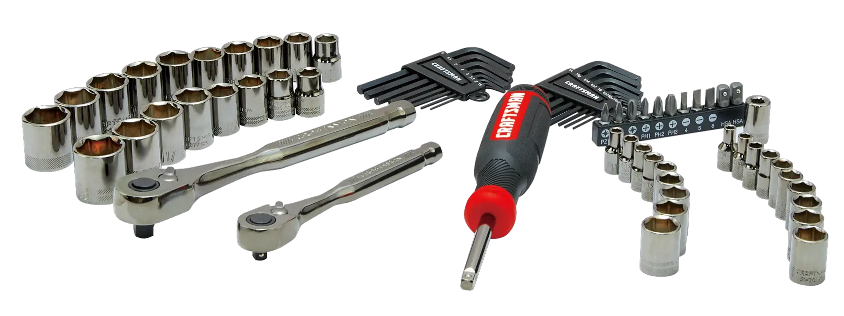 CRAFTSMAN VERSASTACK 68-Piece SAE and Metric Chrome Mechanics Tool Set Content