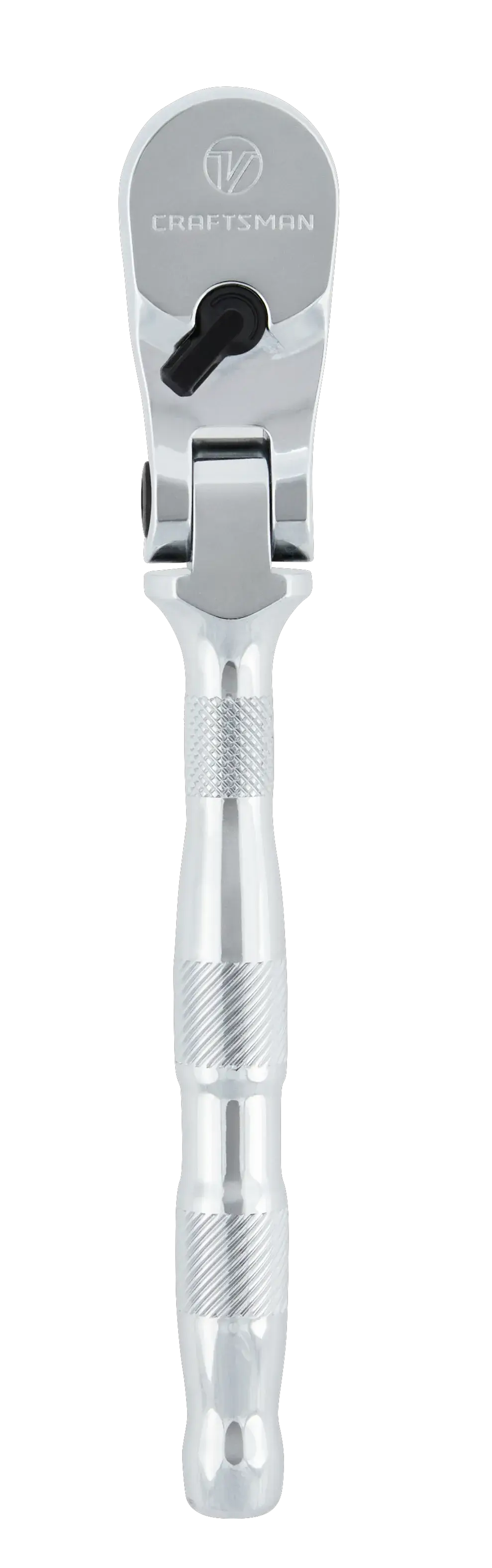 Profile of V series three eighth inch drive flex head ratchet.