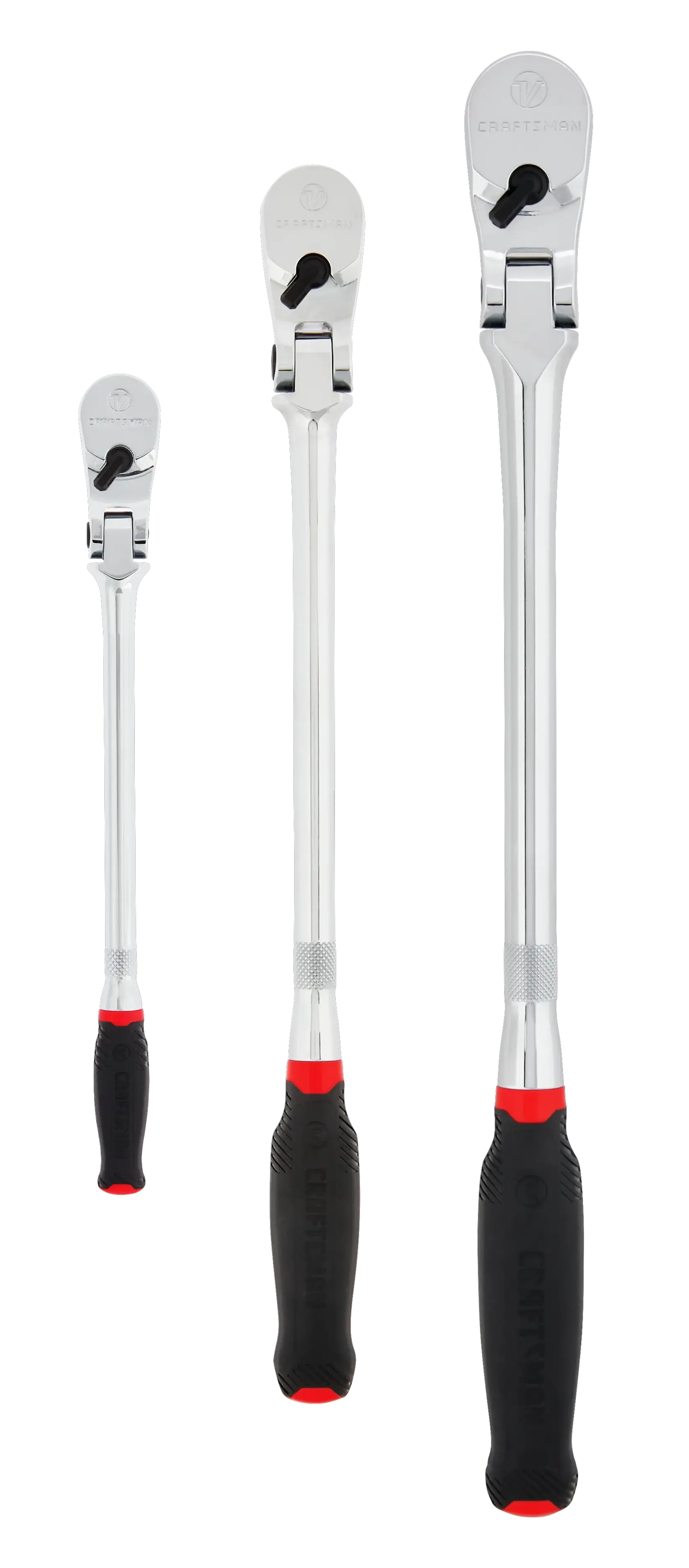 Profile of V series quarter inch three eighth inch and half inch drive comfort grip long flex head ratchet. 3 pack