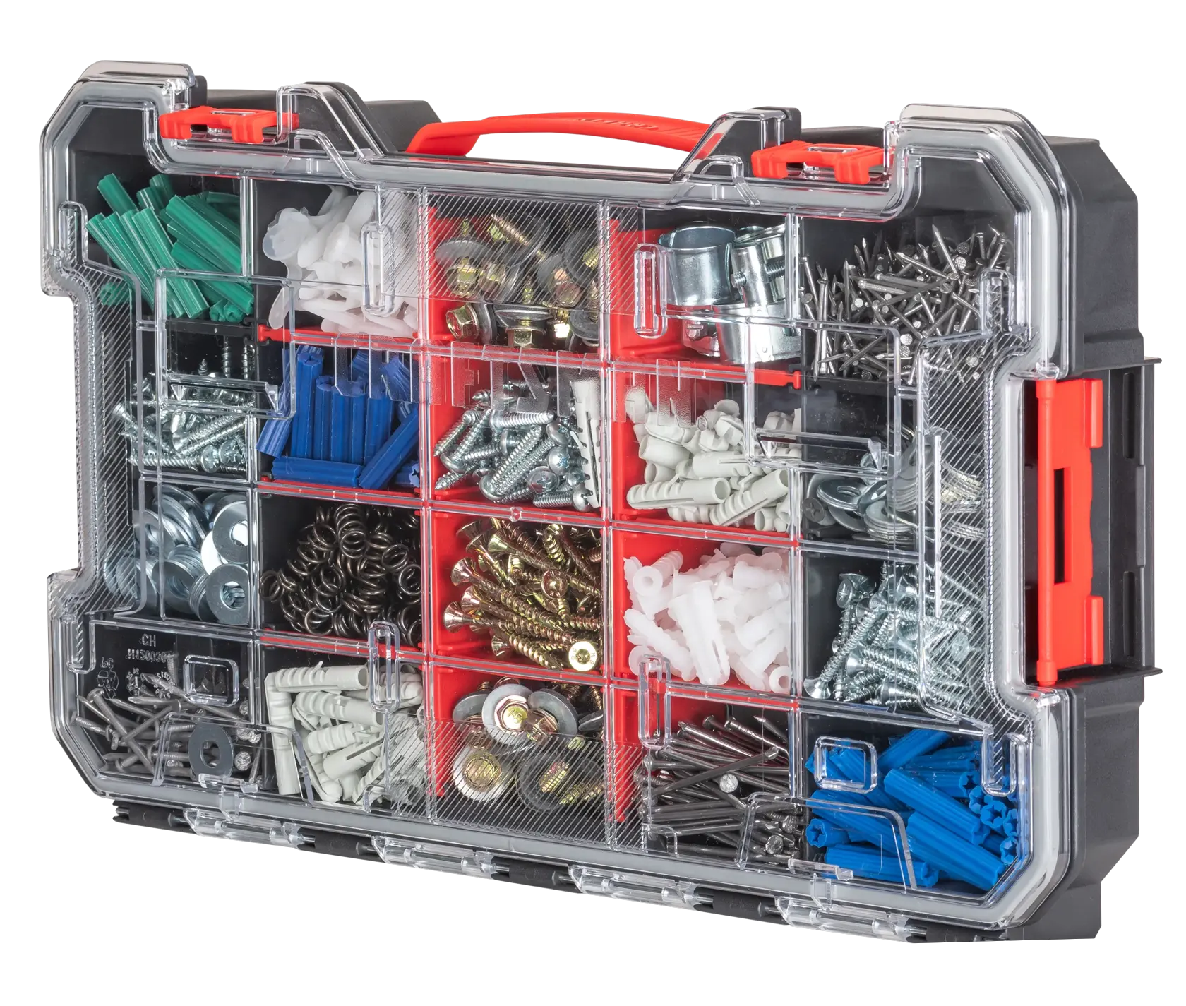 Craftsman VersaStack 20-Compartment Organizer placed up on its side to show front and that inside is filled with different tools in the different compartments 