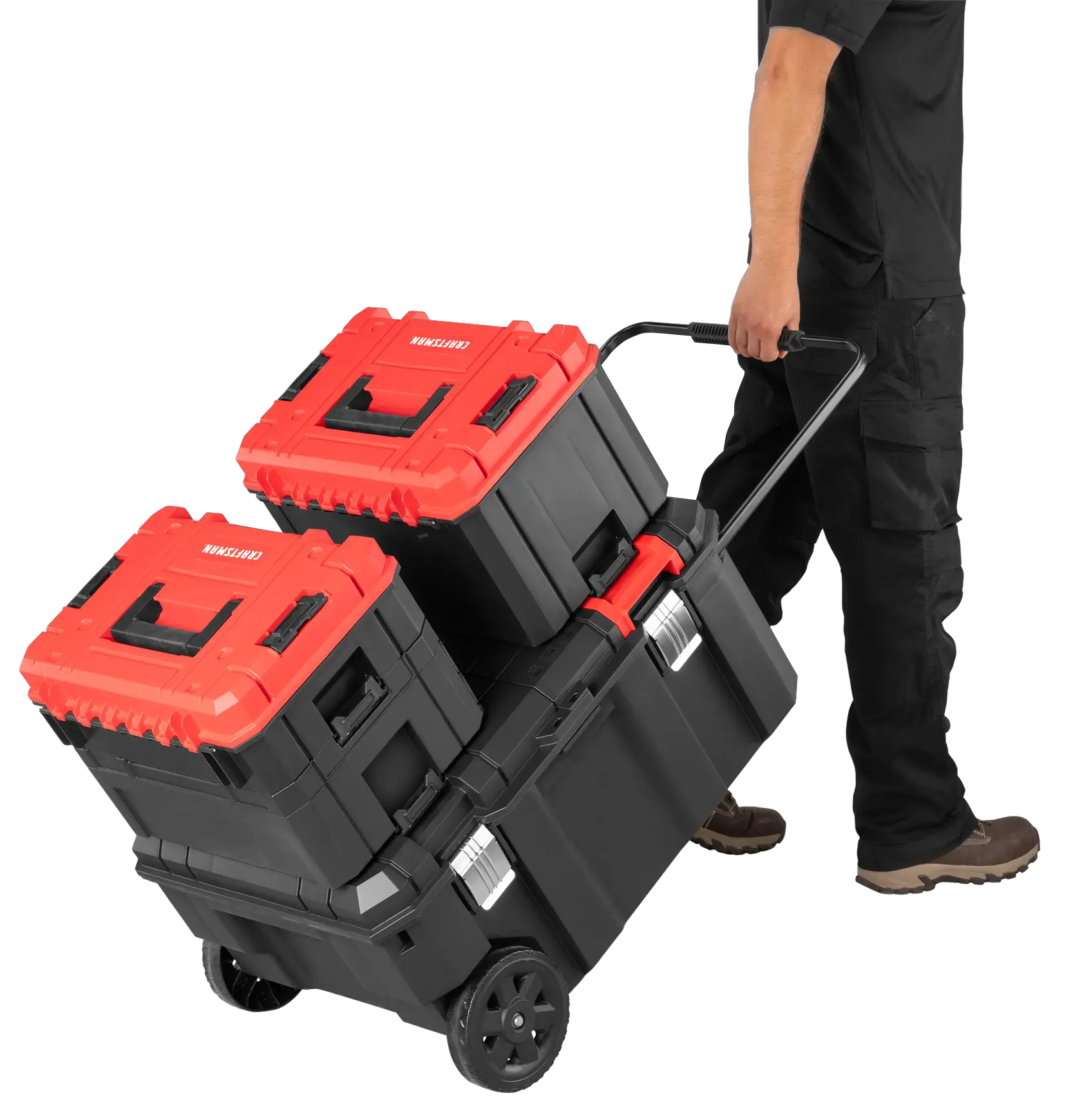 CRAFTSMAN VERSASTACK 30 Gallon Chest with additional VERSASTACK products attached being pulled by person
