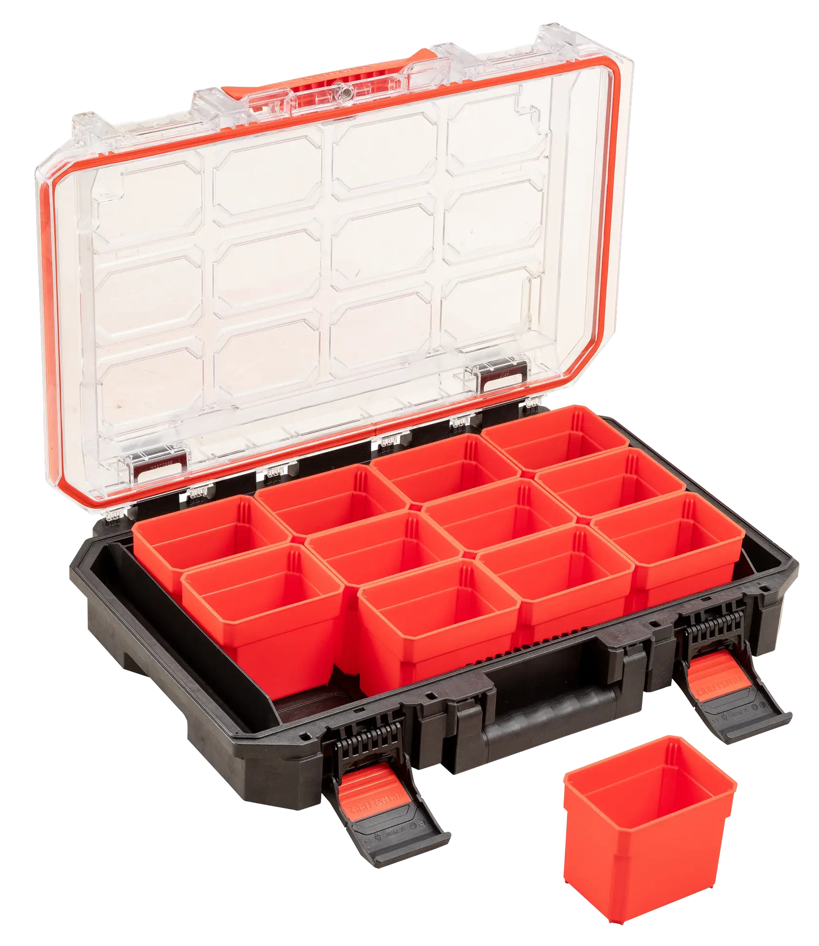 Open organizer case at an angle towards the left with a feature of a container out of the case to the side