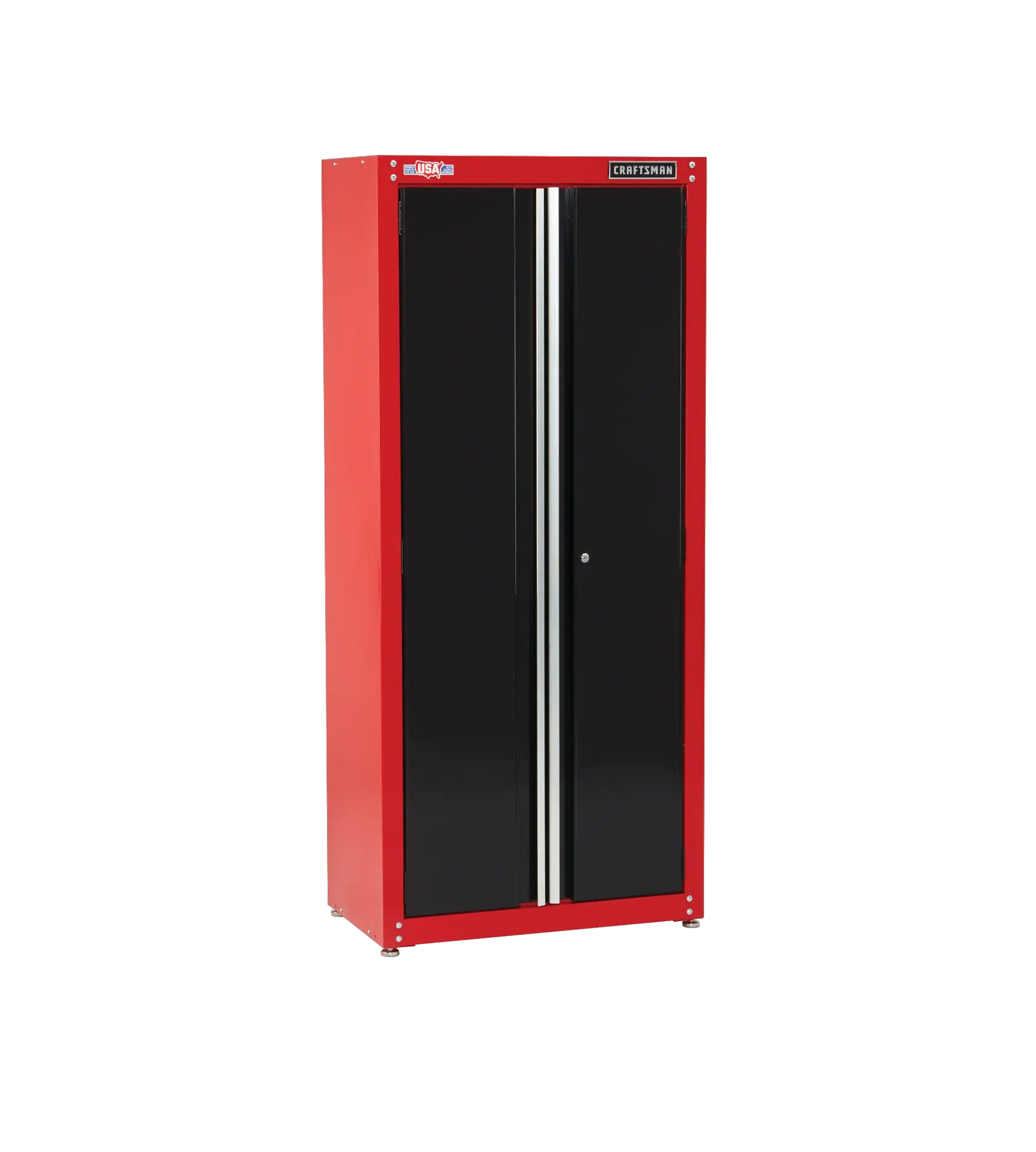 Profile of 32 inch Wide freestanding tall garage storage cabinet.