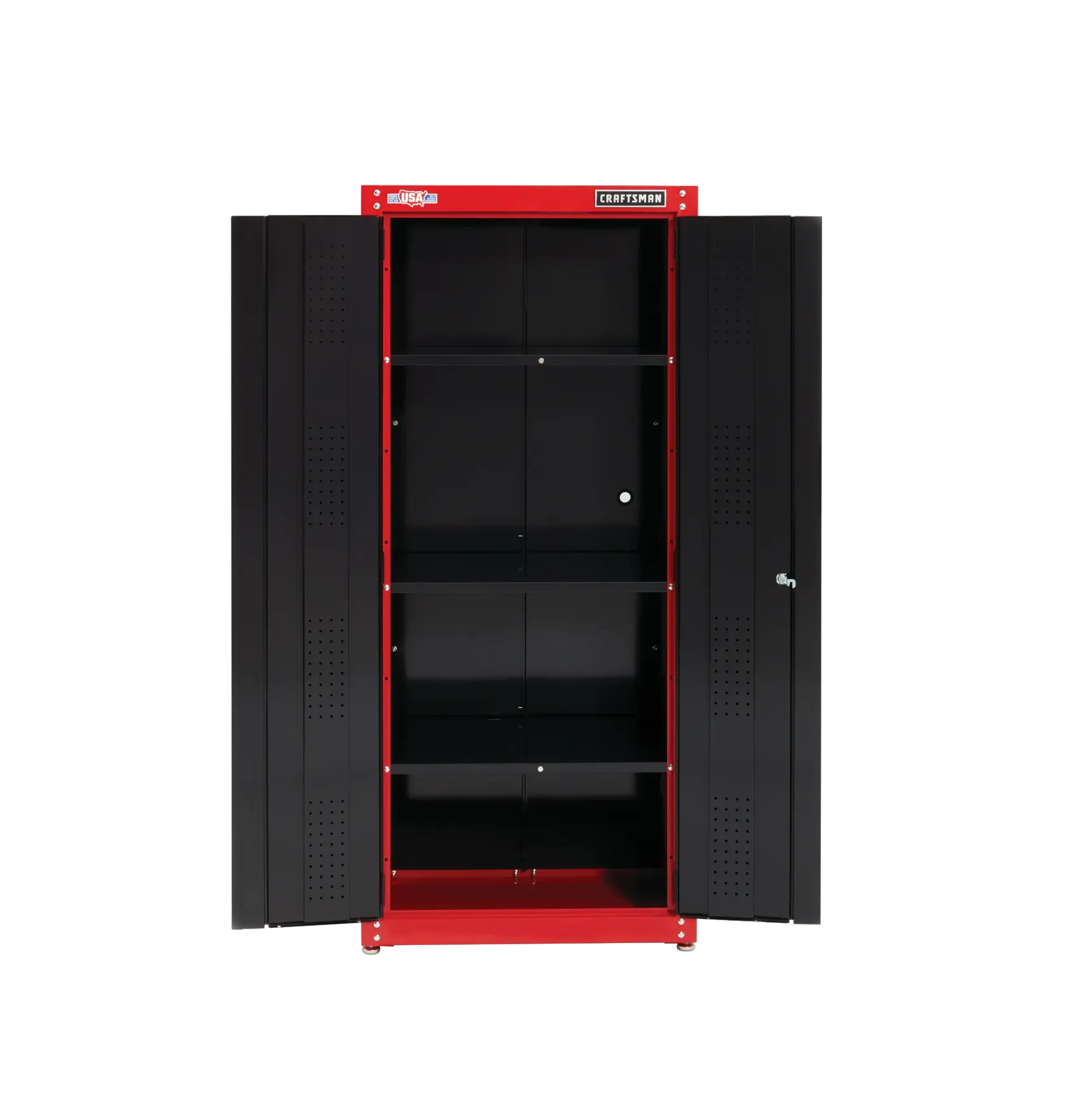 32 inch Wide freestanding tall garage storage cabinet doors opened.
