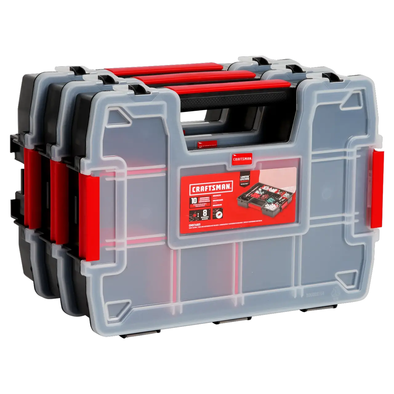 Profile of 3 Pack 10 Compartment Plastic Small Parts Organizer.